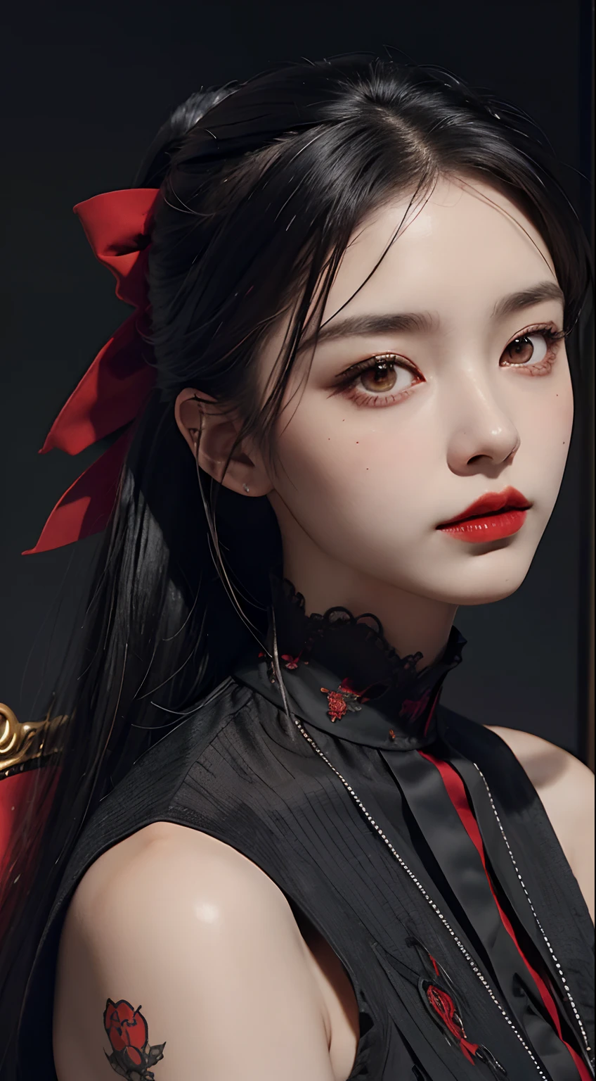 1 beautiful devil woman from hell, In the Dark: 1.6), surreal female portrait by David Hockney and Alphonse Mucha, fantasy art, korea doll, photorealism, dynamic lighting, artstation, poster, volumetric lighting, very detailed faces, 8k ultra, Awarded, in the dark, deep shadow, low key, cowboy lens, (Red phoenix dress: 1.4), long hair, black hair, bust, luxurious palace, Royal style, devil crown, red eyes make up very sharp and detailed, The most beautiful face, The breasts are very big and round and round, Super realistic, chinese women's clothing, polo neck sweater, Charming smile, The eyes are very well made up, guweiz, devil style, wearing black mesh socks, Ponytail with a bow tied at the back of the hair, Red black lips, Devil tattoo on shoulder, wearing a thin red and black robe, the landscape is overcast and thunderous, (Portrait), Close-up of the main character, (Background details 1.8),