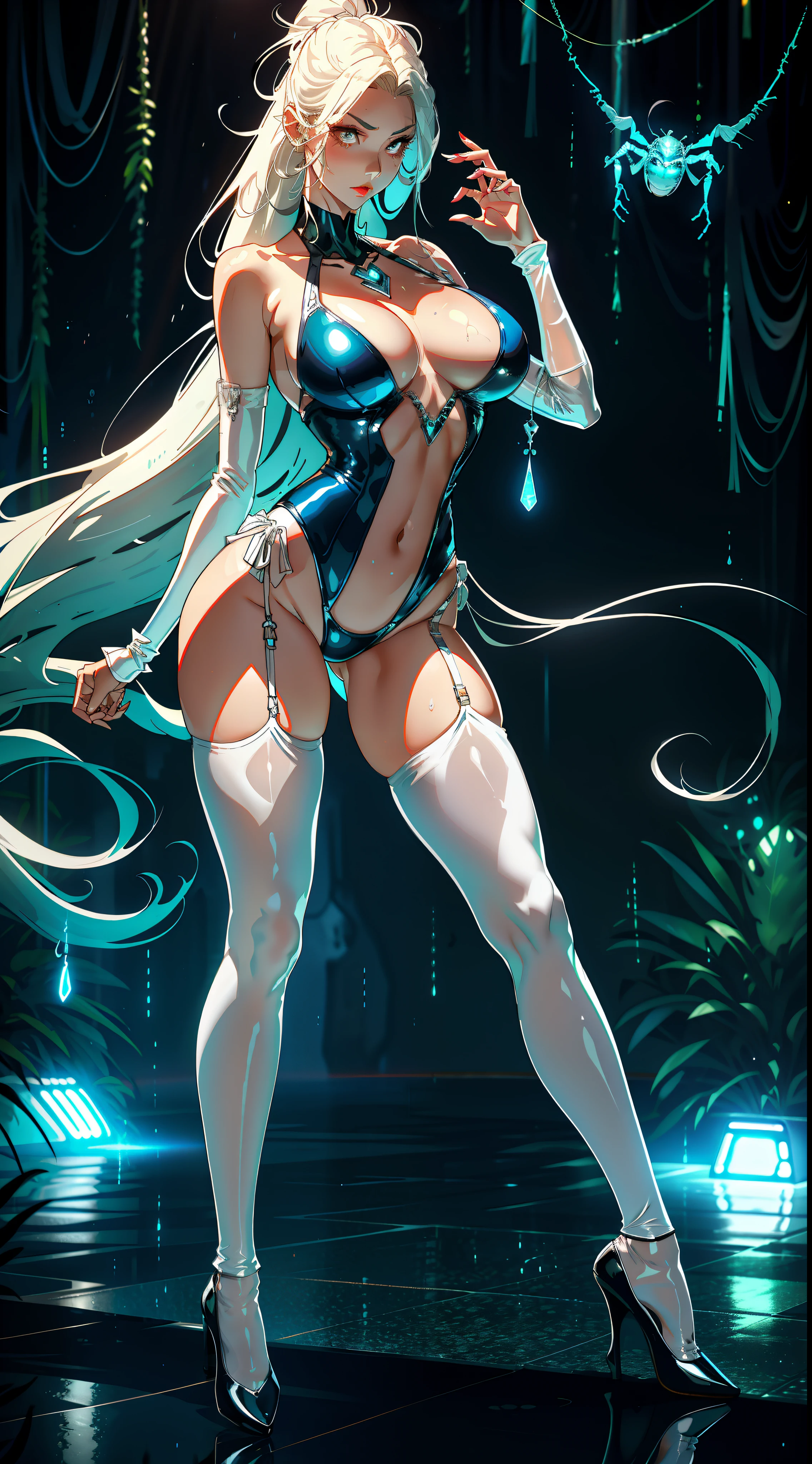 tmasterpiece，（Full body like:1.1），Busty woman，Beautiful and charming woman face，Spider-Man transparent bikini style uniform，white stockings，largeeyes，，High-heeled leather shoes， 1female，Thin waist，long leges，nakeness，Raised sexy，extremely large bosom，Bare breasts，Expose the genitals，with no underpants，Long flowing hair，（Background with：mostly cloudy sky，It's raining，the rainforest），Lewd expression，Flushed complexion，cleavage，cyber punk style，Get wet all over your body，mature