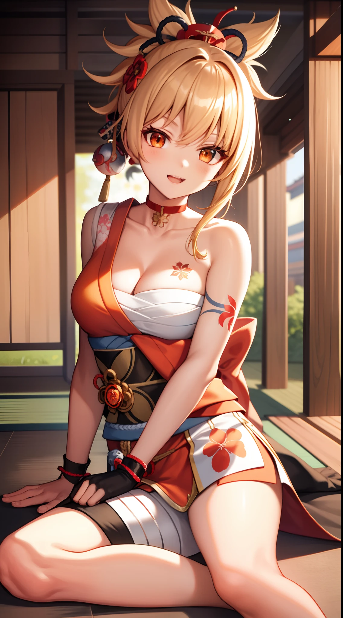 Masterpiece, Best quality, A high resolution, 1girll, Blonde hair, Medium hair, Asymmetrical hair, Floating hair, hair between eye, High ponytail, side locks, hair adornments, fish hair ornament, nipple tassels, kanzashi, bangs, Orange eyes, Open mouth, Smile, teeth, Upper teeth only, choker necklace, red necklace, pendant choker, butterfly choker, 鎖骨, tattoo, chest tattoo, flower tattoo, cleavage, Medium breasts, Thighs, Bandages, bandaged leg, Arashi, Budget Arashi, chest sarashi, black sash, hadanugi dousa, houkisei, Japanese clothes, komono, Kinchaku, Obi, Obiage, obijime, orange kimono, pouch, print kimono, Cord, sash, shimenawa, Short kimono, Single bare shoulder, visions (Genshin Impact), east asian architecture, Cherry blossoms, Single glove, Single fingerless gloves, arms cuffs, Sitting, Legs together,