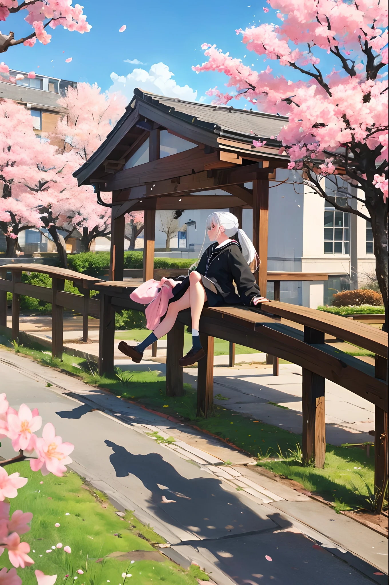 On campus, a girl with white hair and a double ponytail and a JK stretched out her hand to me under a cherry blossom tree
