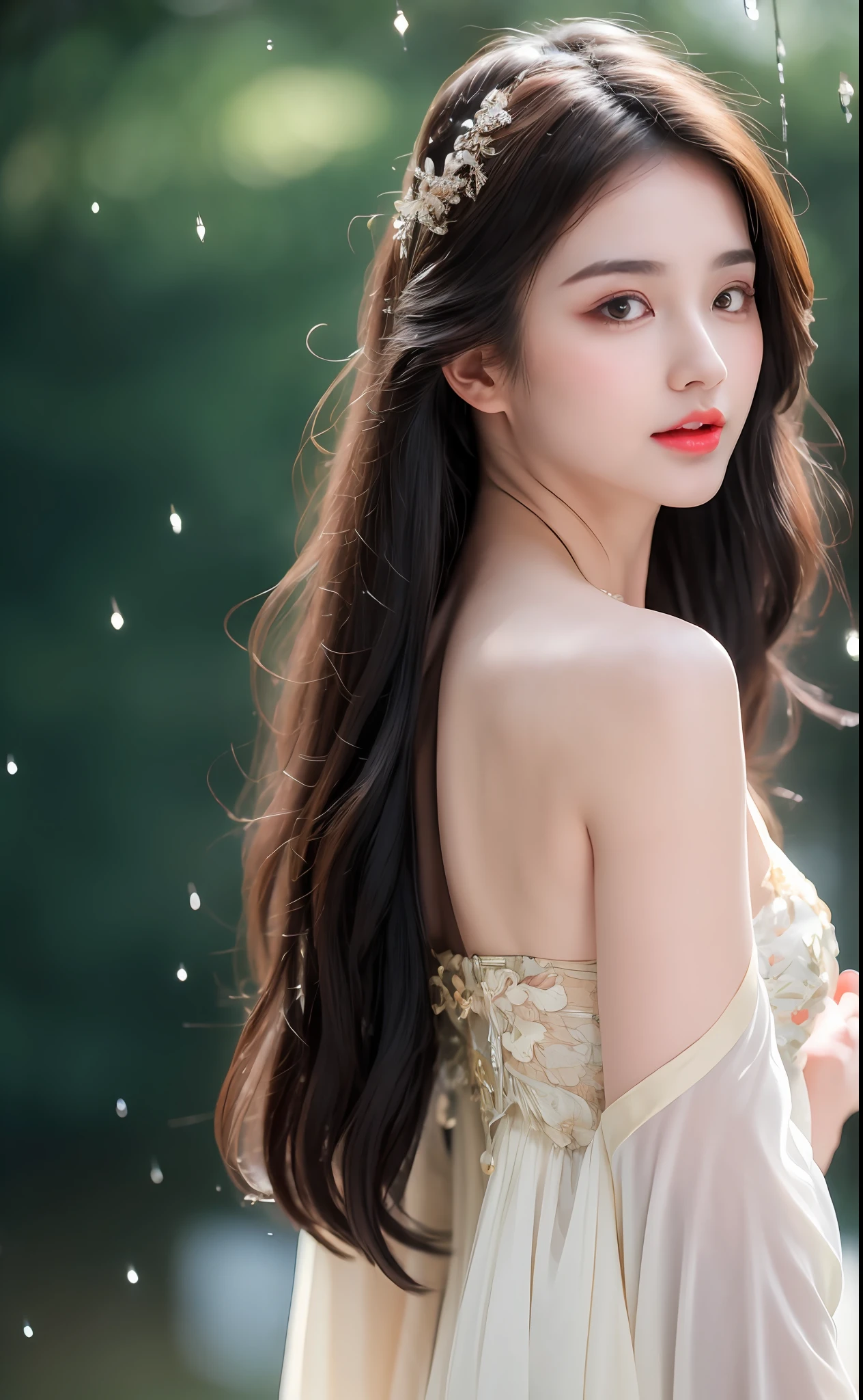 ((Best Quality, 8k, Masterpiece: 1.3)), Focus: 1.2, Perfect Body Beauty: 1.4, Buttocks: 1.2, ((Layered Haircut)), (Wet Clothes: 1.1), (Rain, Street:1.3), (Breasts: 1.2), (Hanfu: 1.2), Bare Shoulders, Bare Legs, Highly Detailed Face and Skin Texture, Fine Eyes, Double Eyelids, Whitened Skin, Long Hair, (Shut Up: 1.5), (Bokeh Background: 1.5), Big Breasts