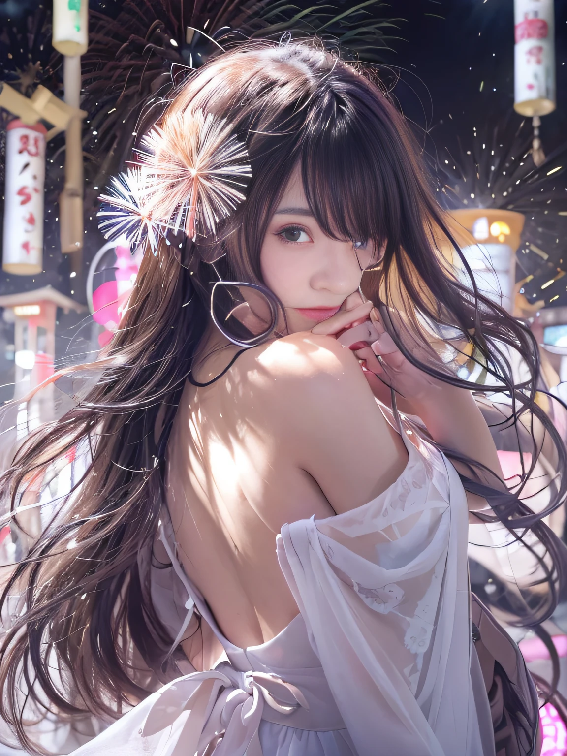 top-quality、​masterpiece、超A high resolution、(Photorealsitic:1.4)、Raw photo、Detailed CG image quality、(Fireworks Festival:1.4)、Beautiful fece、1girl in、japanes、29yo、(blue eyess:1.2)、pink lipsticks、A smile、(((long straight black hair:1.4)))、(skin tanned:1.4)、(((Pure white dress:1.4)))、Large bust、cleavage of the breast、big breasts thin waist、detailed portrait、8K picture quality、concept-art、Cinematic and dramatic atmosphere、(Shrine of Japan:1.2)、(Japan red and white lanterns:1.2)、Wind chimes、(Festival flag,)、Paper decoration、foco nítido、Volumetric lighting、Cinematographic lighting、Colorful neon lighting、depth of fields、Ambient lighting、Blurred foreground、blurry backround:1.3、portlate