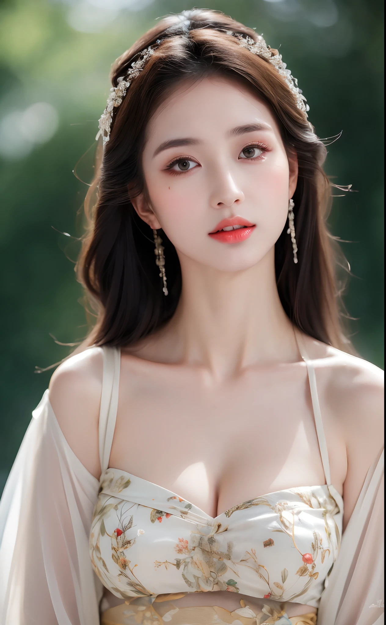 ((Best Quality, 8k, Masterpiece: 1.3)), Focus: 1.2, Perfect Body Beauty: 1.4, Buttocks: 1.2, ((Layered Haircut)), (Wet Clothes: 1.1), (Rain, Street:1.3), (Breasts: 1.2), (Hanfu: 1.2), Bare Shoulders, Bare Legs, Highly Detailed Face and Skin Texture, Fine Eyes, Double Eyelids, Whitened Skin, Long Hair, (Shut Up: 1.5), (Bokeh Background: 1.5), Big Breasts