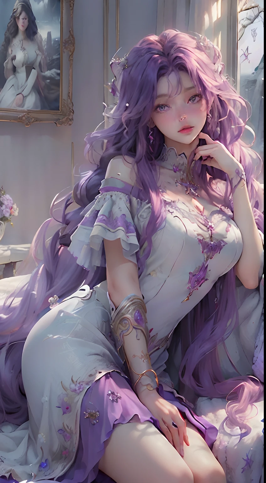 ((Best quality)), ((masterpiece)), (detailed:1.4), 3D, an image of a beautiful angle female,HDR (High Dynamic Range), long and curly bright purple hair, angelic face, bright purple eyes, plump red lips, snow white skin