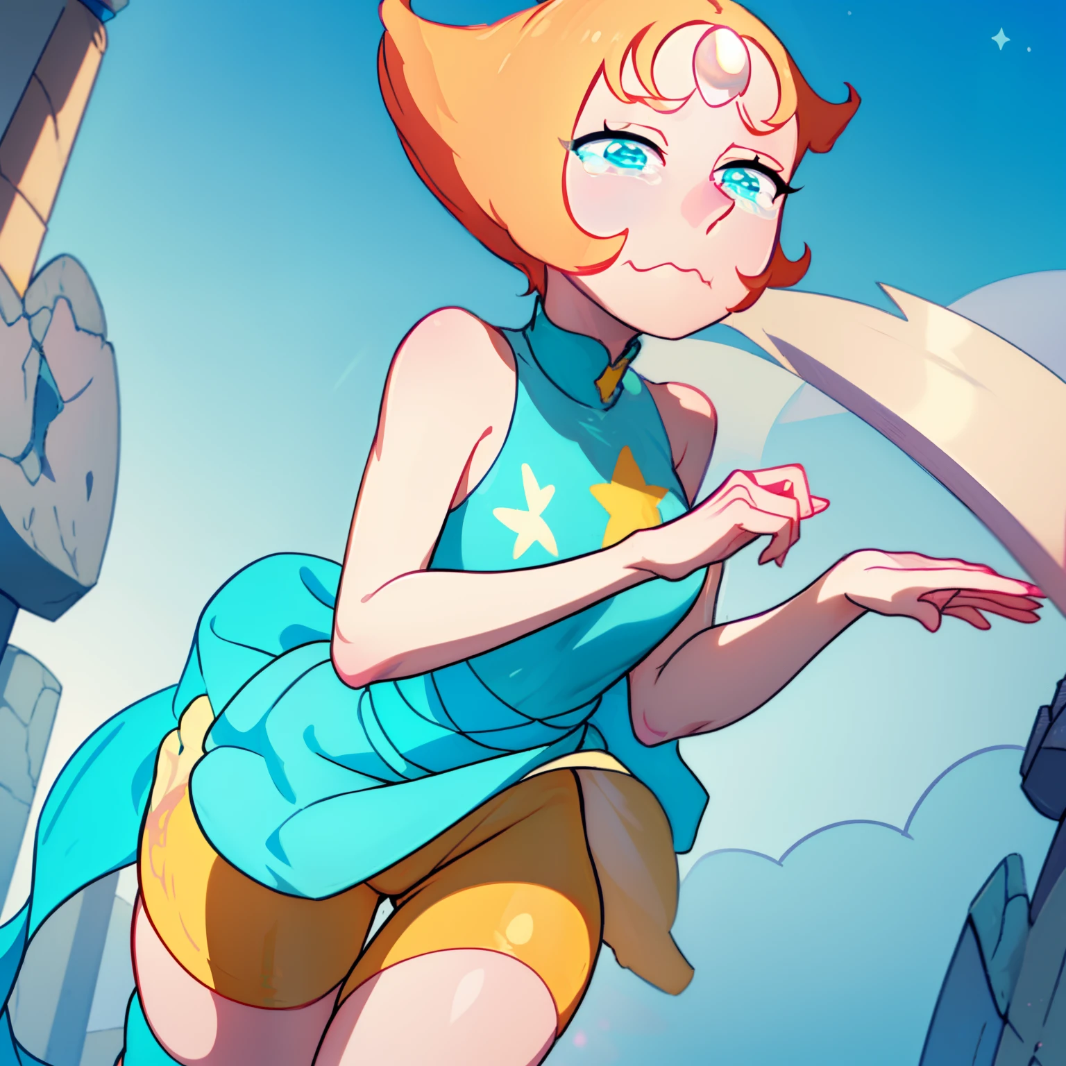 1girl, Pearl, pale, ivory complexion, light-cyan eyes, peach-colored hair, forehead gem, aqua blue tunic, cyan high-waist ribbon, yellow shorts, star emblem, swept-back hair, short hair, pearl gem, pointy nose, pink socks, light blue ballet flats, crying, tears, perfect anatomy