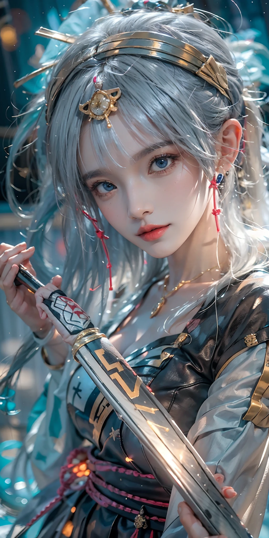 photorealistic, high resolution, soft light,1women, solo, hips up, (detailed face), nami \(one piece\), tattoo, jewelry,long_hair, fireflies, light_particles, pine_tree, snowflake_background, milky_way, aerial_fireworks, headdress, arms behind body, blue_eyes, katana