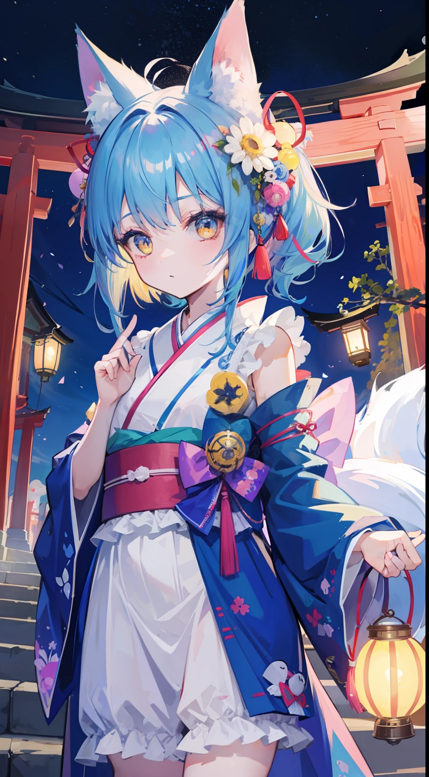 One girl、Ghosts、Blue-haired、poneyTail、Fox face、Kimono dress、frilld、ribbons、tmasterpiece、top-quality、Top image quality、Cute Baby Turtle、Yellow eyes、paper lanterns、（（（natta）））、Torii gate、Shrines、lantern