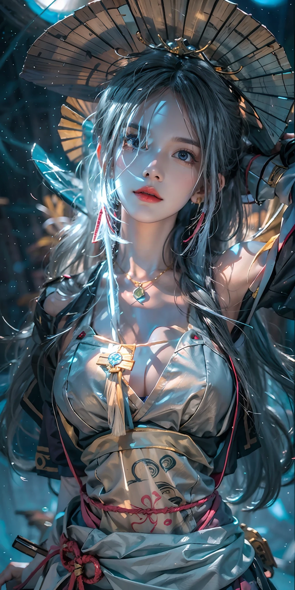 photorealistic, high resolution, soft light,1women, solo, hips up, (detailed face), nami \(one piece\), tattoo, jewelry,long_hair, fireflies, light_particles, pine_tree, snowflake_background, milky_way, aerial_fireworks, headdress, arms behind body, blue_eyes, katana