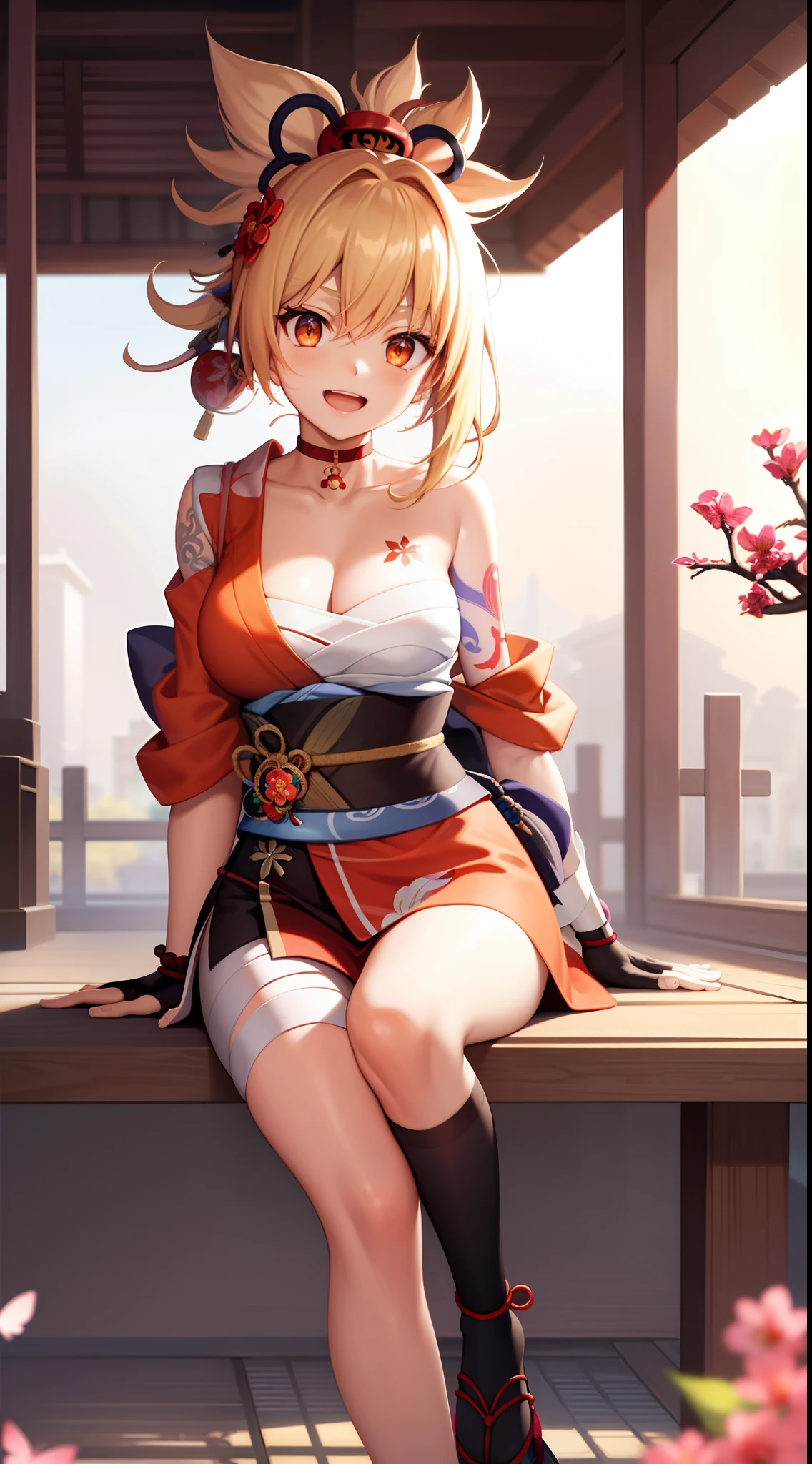 Masterpiece, Best quality, A high resolution, 1girll, Blonde hair, Medium hair, Asymmetrical hair, Floating hair, hair between eye, High ponytail, side locks, hair adornments, fish hair ornament, nipple tassels, kanzashi, bangs, Orange eyes, Open mouth, Smile, teeth, Upper teeth only, choker necklace, Red necklace, pendant choker, butterfly choker, 鎖骨, tattoo, chest tattoo, flower tattoo, cleavage, Medium breasts, Thighs, Bandages, bandaged leg, Arashi, Budget Arashi, Chest sarashi, black sash, hadanugi dousa, houkisei, Japanese clothes, komono, Kinchaku, Obi, Obiage, obijime, orange kimono, pouch, print kimono, Cord, sash, shimenawa, Short kimono, Single bare shoulder, visions (Genshin Impact), east asian architecture, Cherry blossoms, Single glove, Single fingerless gloves, arms cuffs, Sitting, Legs together,