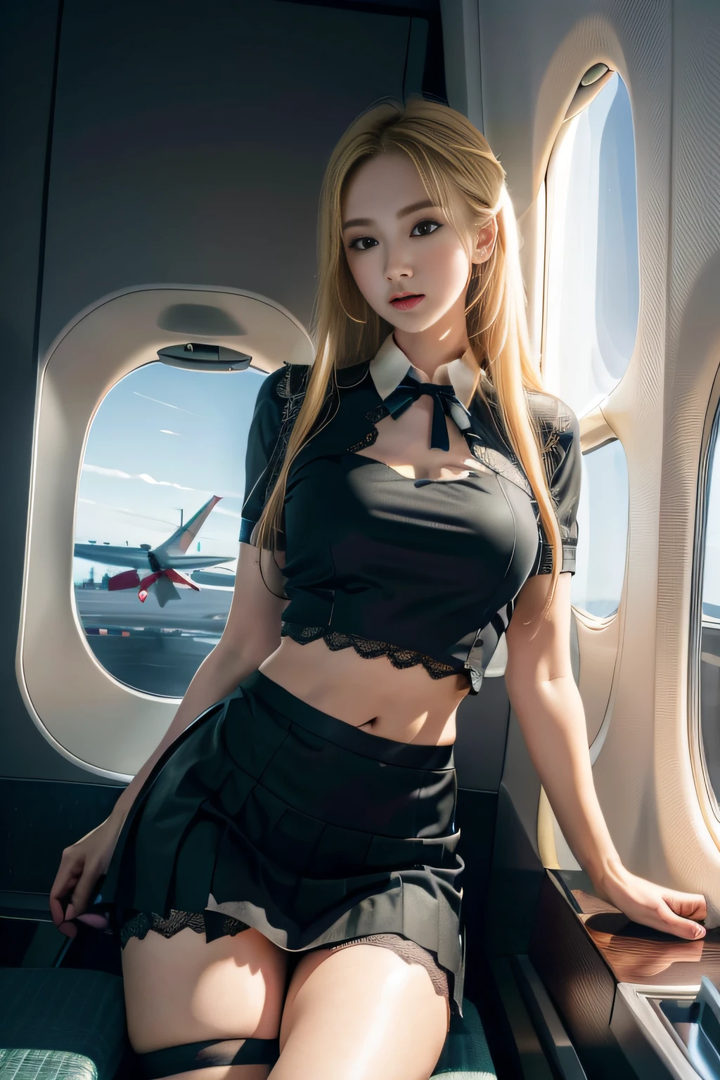 (8K, RAW photo, Best quality, Mastery:1.2), (Realistic, photo-realistic:1.2), (超高分辨率), (Ultra detailed), absurderes, 1girll, Long blonde hair，Blue pupil，pretty  face, symetrical eyes, Taiwan  5, Perfect body proportion,middlebreast，（Pink flight attendant uniform，Lace pleated skirt hem：1.3），sitted，Open navel，tight-fitting，Badges，Thin leg，Fine skin，looking at viewert，（inside airplane：1.2），Motion capture，Frontal view