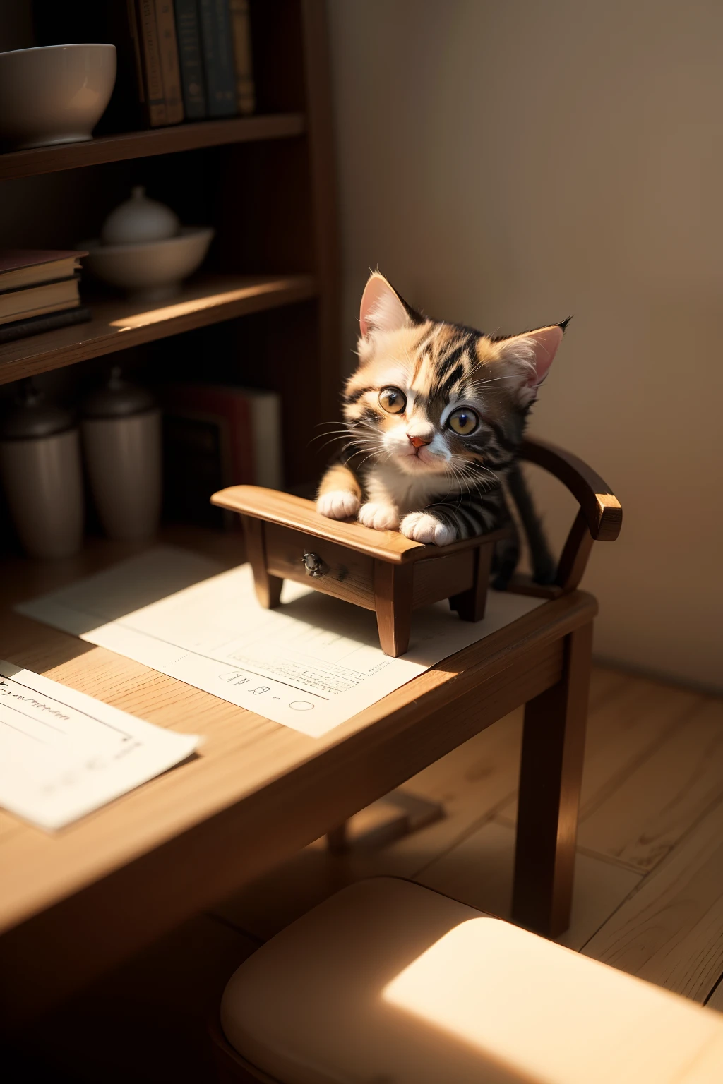 A miniature kitten，The size is only one centimeter，The cat is only 1 cm old，Sit on a cluttered tabletop，There were water glasses and lots of books and other squander around