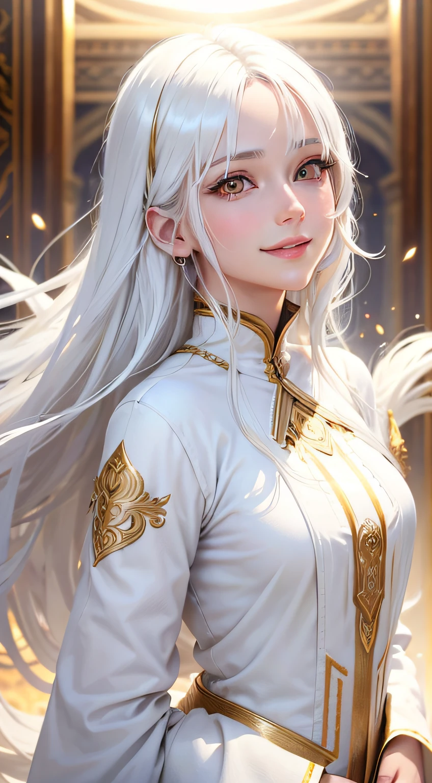 best quality, white hair, gold eyes, white clothes, looking up, upper body, hair strand, Fair skin, smiling