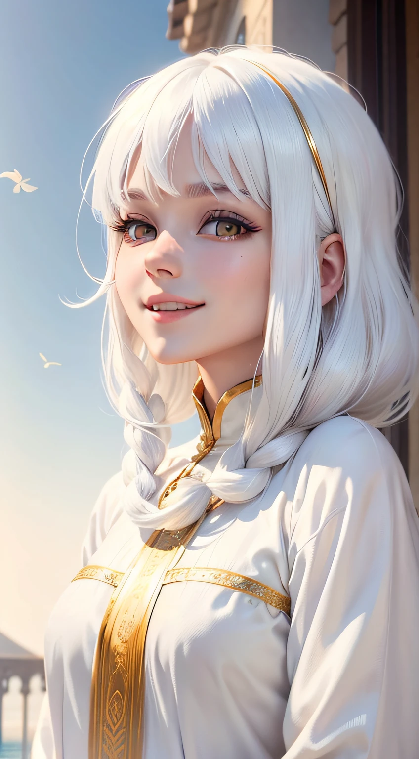 best quality, white hair, gold eyes, white clothes, looking up, upper body, hair strand, Fair skin, smiling