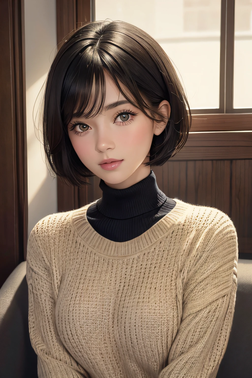 (Masterpiece: 1.3), (8k, Photorealistic, RAW Photo, Best Quality: 1.4), (1girl), Beautiful Face, (Realistic Face), (Black Hair, Short Hair: 1.3), Beautiful Hairstyle, Realistic Eyes, Beautiful Detail Eyes, (Realistic Skin), Beautiful Skin, (Sweater), Absurd, Attractive, Ultra High Definition, Ultra Realistic, High Definition, Golden Ratio, Naked