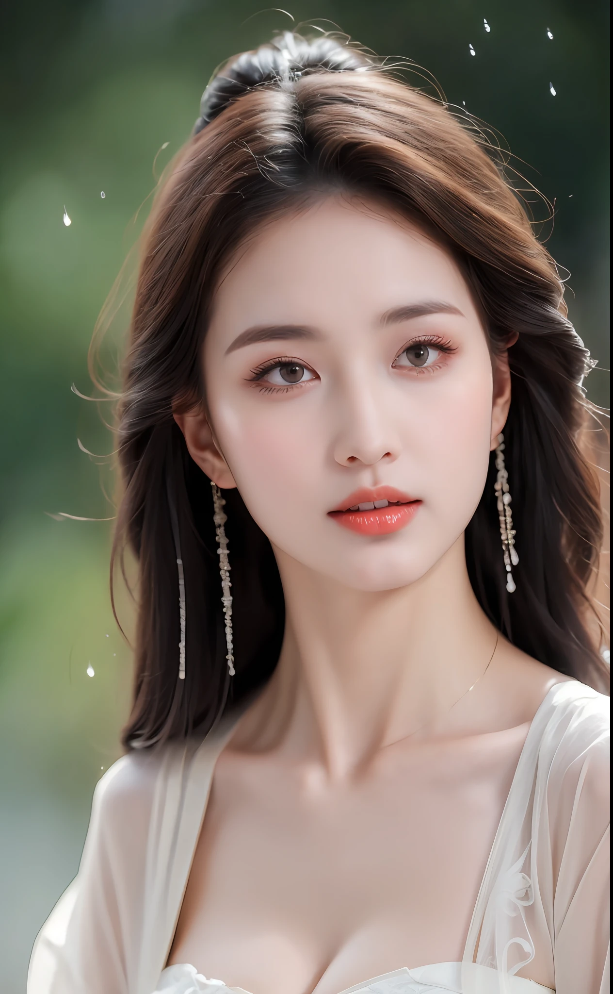((Best Quality, 8k, Masterpiece: 1.3)), Focus: 1.2, Perfect Body Beauty: 1.4, Buttocks: 1.2, ((Layered Haircut)), (Wet Clothes: 1.1), (Rain, Street:1.3), (Breasts: 1.2), (Hanfu: 1.2), Bare Shoulders, Bare Legs, Highly Detailed Face and Skin Texture, Fine Eyes, Double Eyelids, Whitened Skin, Long Hair, (Shut Up: 1.5), (Bokeh Background: 1.5), Big Breasts
