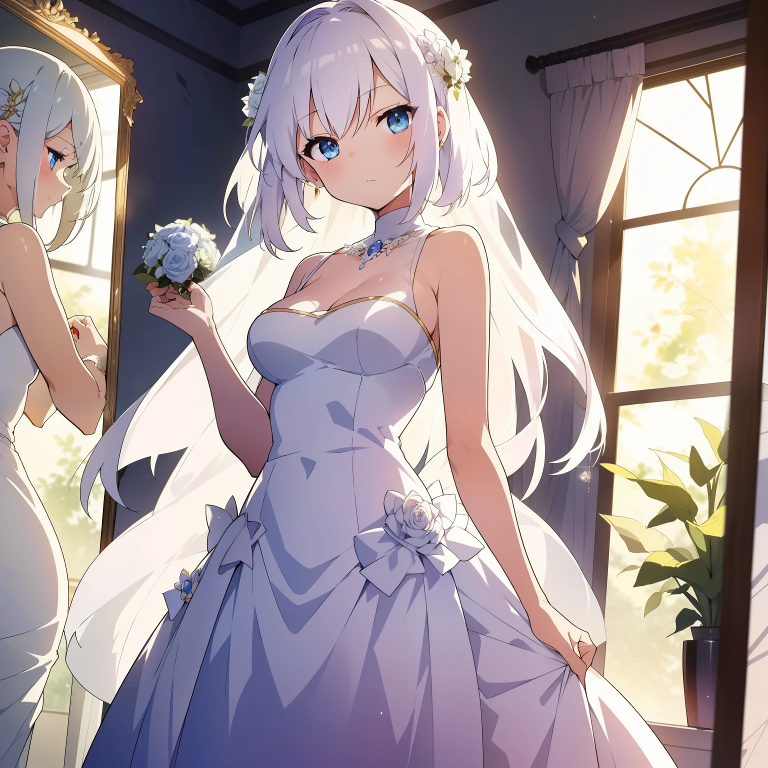 A woman with white hair and a gentle expression is standing in front of a mirror, looking beautiful and elegant. She is wearing a wedding dress. She has a caption that says: “But what I didn’t know was, he already had a fiancée. Her name was Xi Yue.”