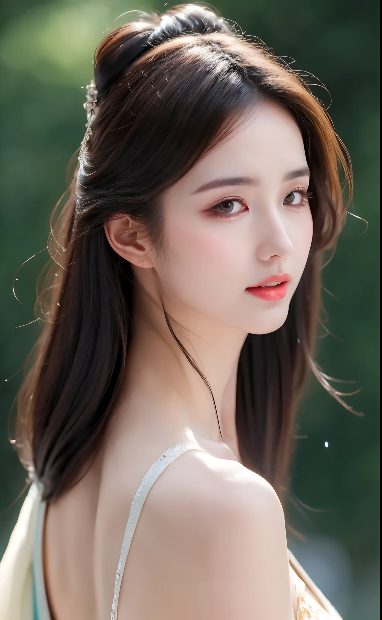 ((Best Quality, 8k, Masterpiece: 1.3)), Focus: 1.2, Perfect Body Beauty: 1.4, Buttocks: 1.2, ((Layered Haircut)), (Wet Clothes: 1.1), (Rain, Street:1.3), (Breasts: 1.2), (Hanfu: 1.2), Bare Shoulders, Bare Legs, Highly Detailed Face and Skin Texture, Fine Eyes, Double Eyelids, Whitened Skin, Long Hair, (Shut Up: 1.5), (Bokeh Background: 1.5), Big Breasts