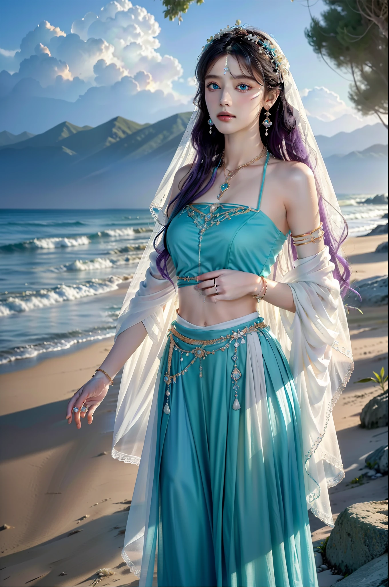 best quality, masterpiece, hd, surreal, cg, 8k, 32k, ray tracing, light, masterpiece, 32k, extremely detailed, cg, unity, 8k, wallpaper, best quality, vibrant colors, breaking,
Upper body, 1girl, green and blue eyes, water blue clothes, fly, Dunhuang, desert, Chinese goddess, abstract background, clouds, energy, thunder, colorful, white clothes, bare shoulders, white skirt, veil, shawl sky, long hair, stra right hair, purple hair, perspective, diamond jewelry, diamonds, light, slashes, waves, fire, navel, midbelly, breaks, combat moves, ancient battlefields, magic tour, light-transmitting dresses, hair accessories, hair flowers, pendants, Rings, metal chokers, chokers, brooches, necklaces, jewelry, sapphire brooches, corsages, earrings, bracelets