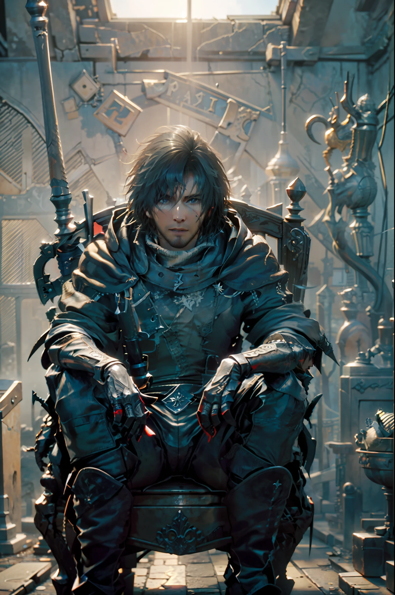 (absurdos, Altas Resoluciones, Ultra detallado, HDR), Obra maestra, La mejor calidad, final fantasy xvi, clive rosfield, 1hombre solamente, guapo, pelo corto, cabello negro, Ojos azules vibrantes, ojos finos y cara detalladas, Armadura, ((Arma intrincada)), Sentado en el trono, piernas abiertas, sonrisa afectada, molesto.