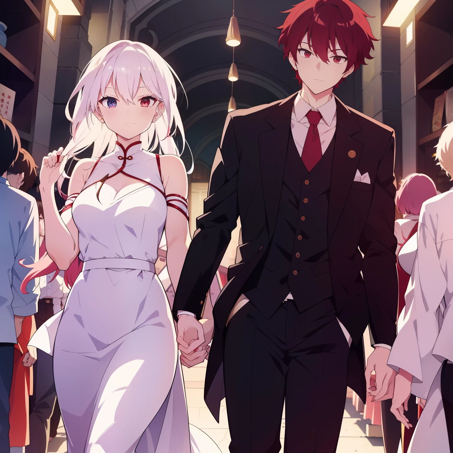 The woman with white hair is walking down the aisle with the man with red hair. They are surrounded by guests who are clapping and cheering. She has a caption that says: “Xi Yue was his childhood sweetheart, and also the only daughter-in-law his parents approved of.”