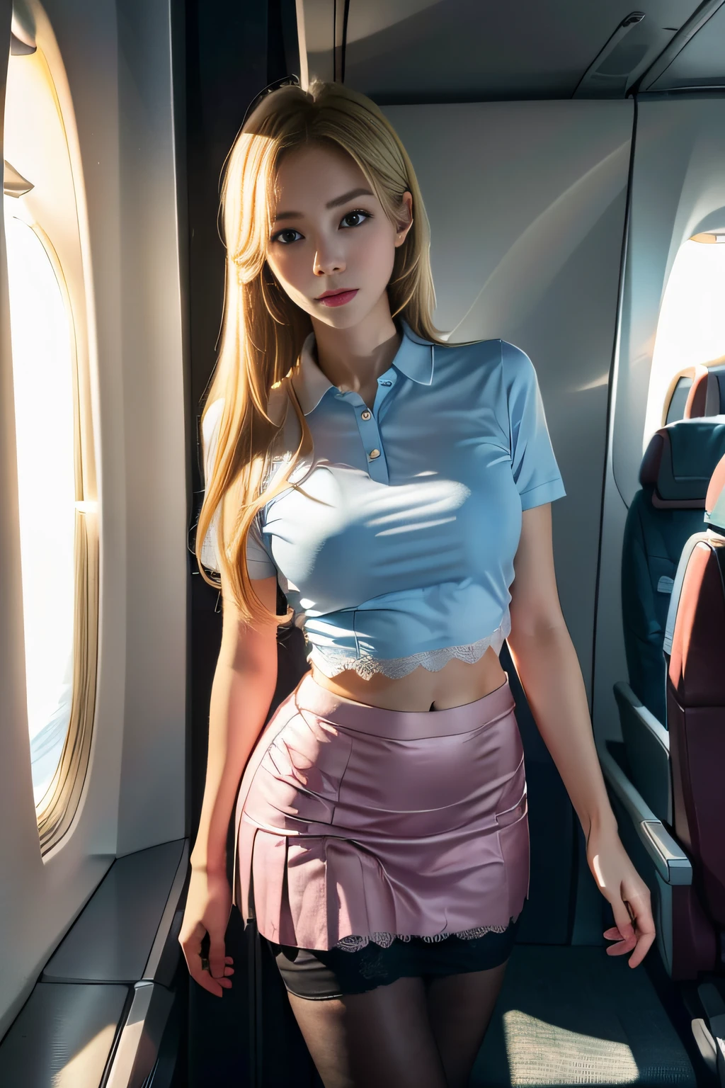 (8K, RAW photo, Best quality, Mastery:1.2), (Realistic, photo-realistic:1.2), (超高分辨率), (Ultra detailed), absurderes, 1girll, Long blonde hair，Blue pupil，pretty  face, symetrical eyes, Taiwan  5, Perfect body proportion,middlebreast，（Pink flight attendant uniform，Lace pleated skirt hem：1.3），Open navel，tight-fitting，Badges，Thin leg，Fine skin，looking at viewert，（inside airplane：1.2），Motion capture，Frontal view