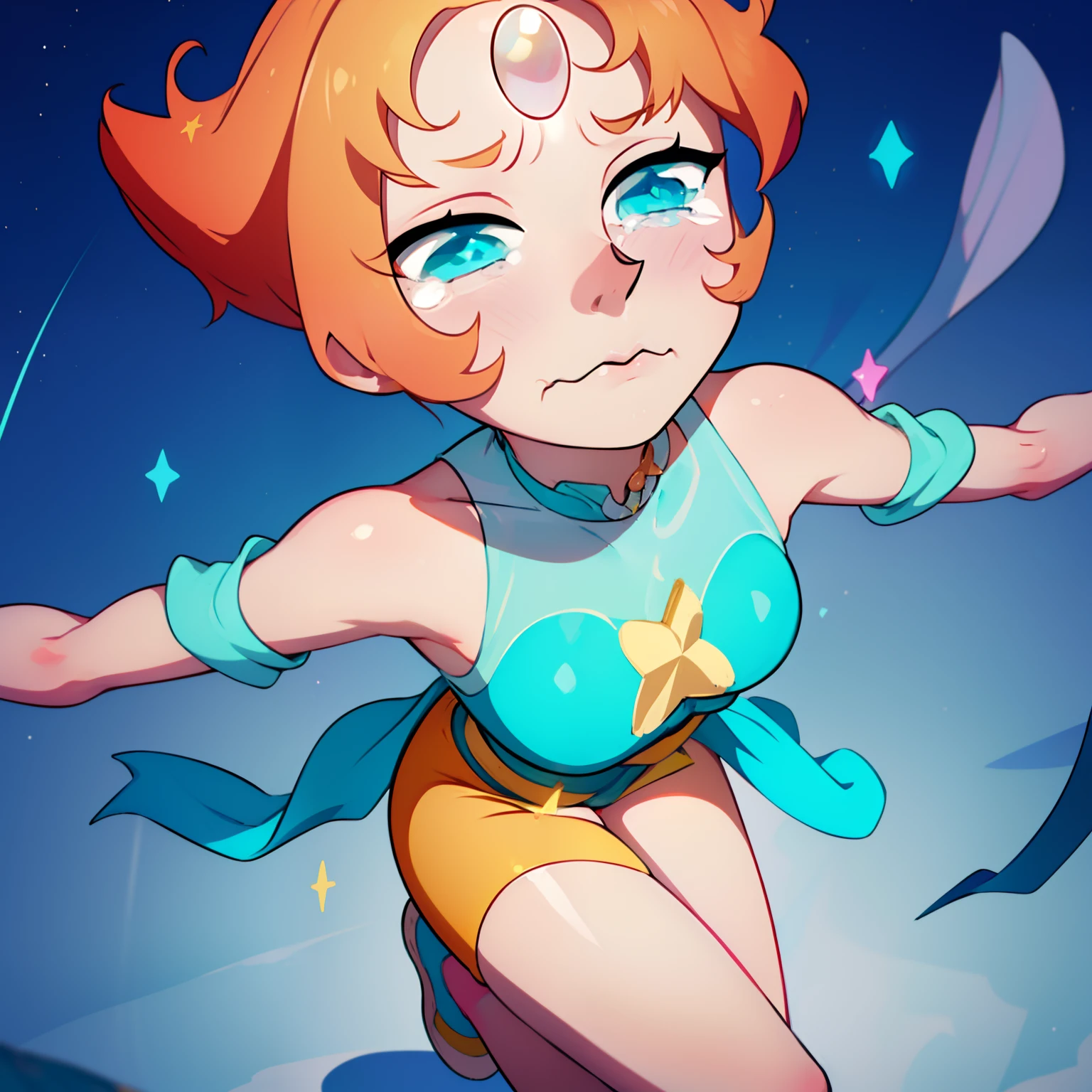 1girl, Pearl, pale, ivory complexion, light-cyan eyes, peach-colored hair, forehead gem, teal leotard with skirt, yellow shorts, star emblem, swept-back hair, short hair, pearl gem, pointy nose, perfect anatomy, better hands, cyan blush, shy expression