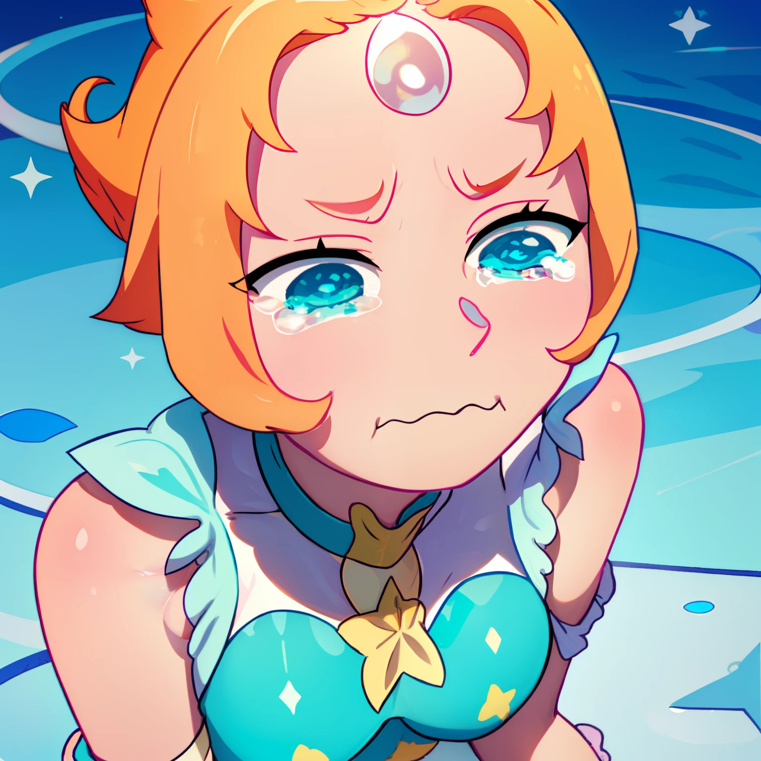 1girl, Pearl, pale, ivory complexion, light-cyan eyes, peach-colored hair, forehead gem, aqua blue tunic, cyan high-waist ribbon, yellow shorts, star emblem, swept-back hair, short hair, pearl gem, pointy nose, pink socks, light blue ballet flats, crying, tears, perfect anatomy