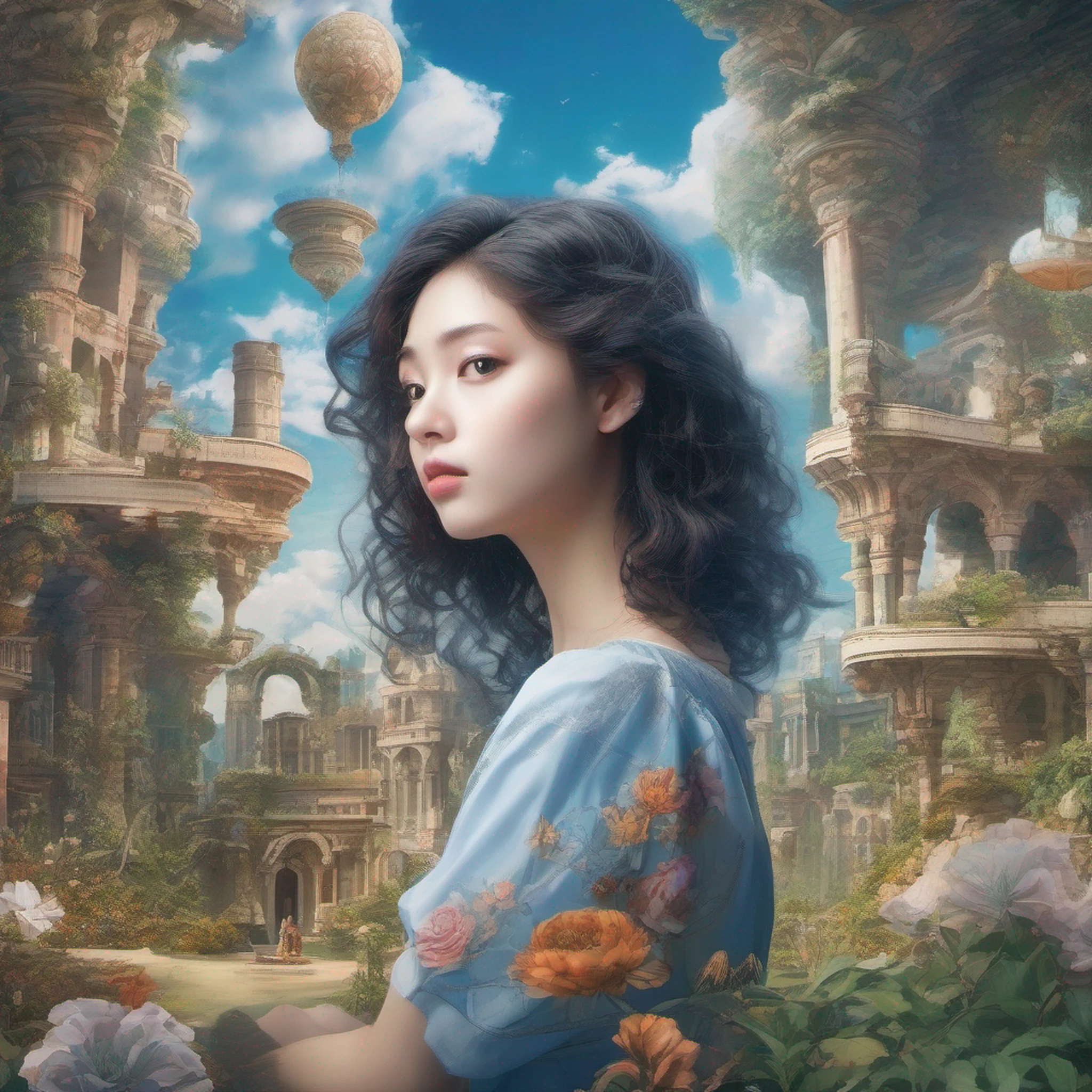 ccurate, best quality, masterpiece, UHD, high details, award winning, (Amazing:1.1), (Surrealism), Conceptual art, Verism, cinematic lighting, panorama, beautiful high school girl, (17 yr old), ((((full body)))), from behind, posture of prayer, without looking at me, (((wearing school uniform))), black eyes, black hair, (floating hair), ((8 life size)), detailed hairstyles, detailed bodyline, anatomically correct, (((she is lost in a surreal world of dreamlike landscapes))), A floating island in the sky, garden of eden, ruins, Horizon, ((beautiful Blue sea)), blue sky, paradise scenery, flowers, wind flow, (((fantasy))), frontier, (magnificent space),