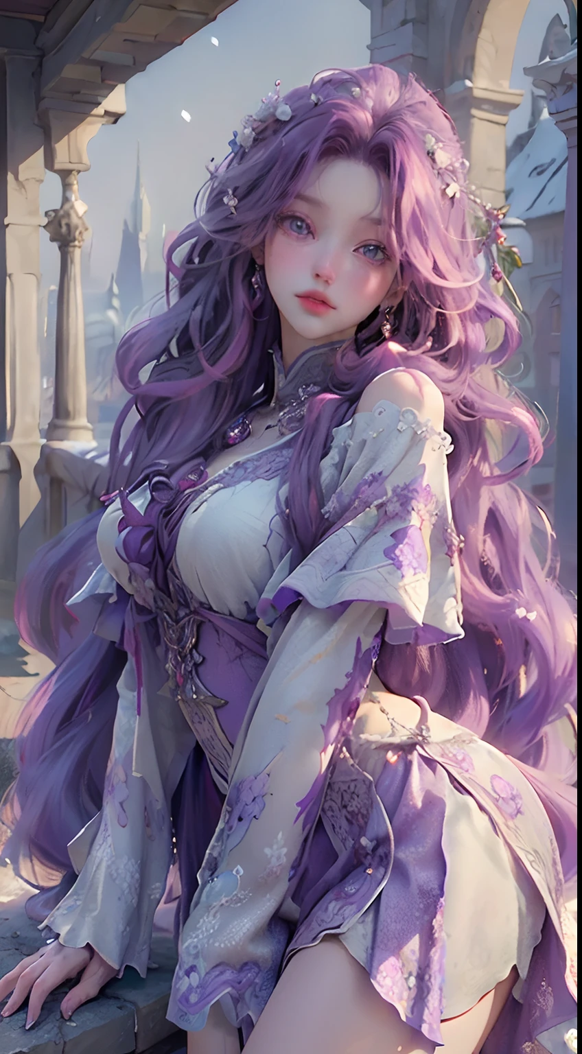 ((Best quality)), ((masterpiece)), (detailed:1.4), 3D, an image of a beautiful angle female,HDR (High Dynamic Range), long and curly bright purple hair, angelic face, bright purple eyes, plump red lips, snow white skin