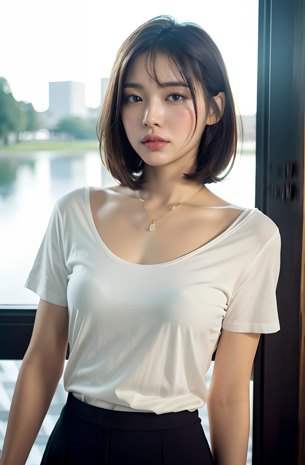 8K、top-quality、masterpiece、超A high resolution、a picture、beautiful japanese female(pleasing:1.1) 、Elegance、There is a good、Beautiful face、Gradient lighting、1girl in、Delicate skin、Look into the distance、Brown-eyed、short hair with bangs、(breasts are large:1.0)、(medium areola:0.8)、(realisitic:1.4)、(top-quality:1.0)、(超A high resolution:1.0)、8K、Raw photography、(masterpiece:0.2)、(pureerosface_v1:0.5)、solid color、Plain Shirring Side Crop Shirt、Coffee brown color、the skirt is short、Futomo、high-necked、Clogged neck design、High Stretch、shortsleeves、Slim Fit、shortsleeves、Tight、barechested、cotton clothes、want me、Take your eyes off、Fashionable city、Midnight、deep in the night、mid night、a park、The fountain、Streetlight、Shade、total darkness、subject、Lean、Look here、Ass big、a large bust、Kinda chubby、Bangs shed to the side、big butts、neat and well-groomed hairstyle、Bring your chest together、Feels、Mouth slightly open、Brown clothes、a necklace、、Ass big、Futomo、slightly drunk、