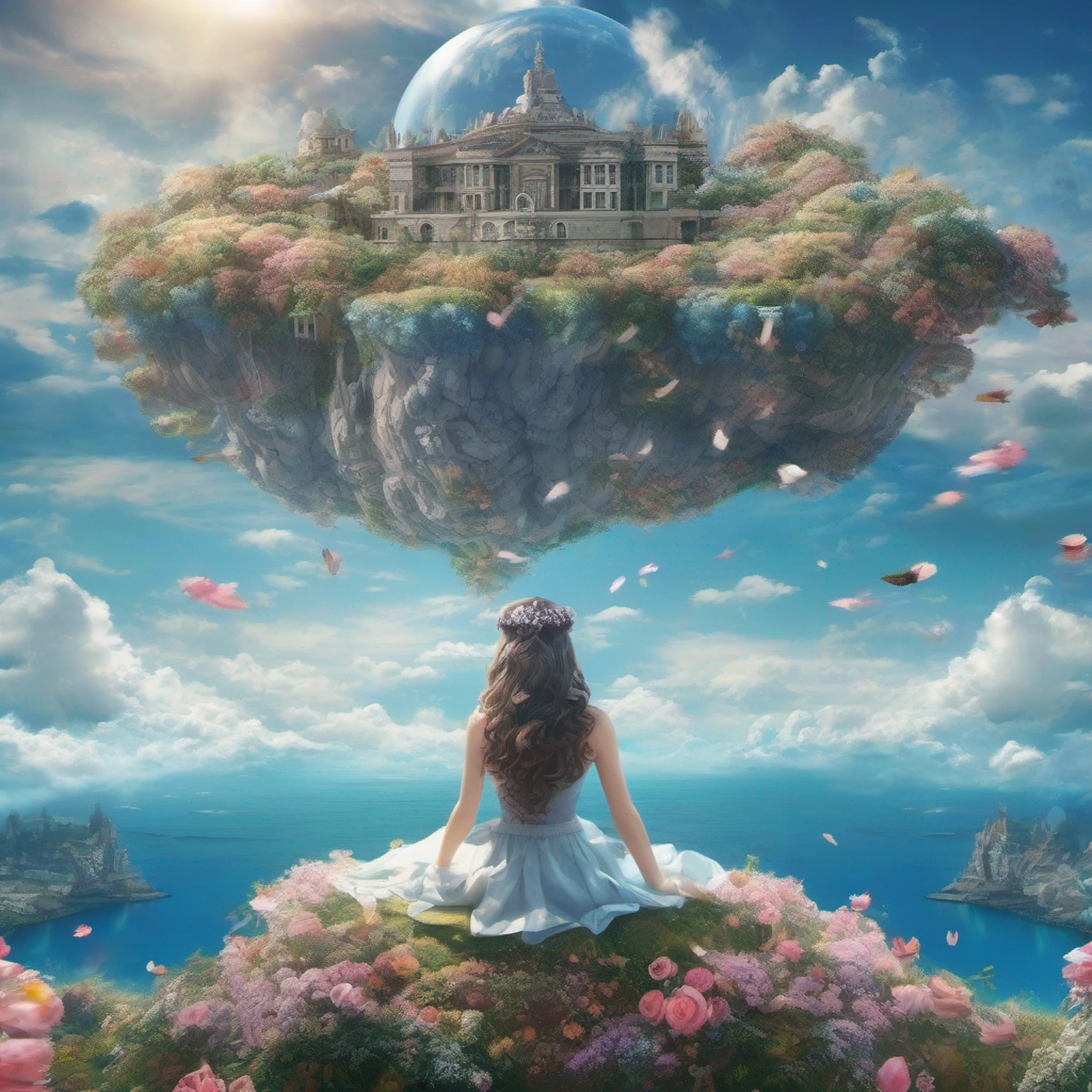 ccurate, best quality, masterpiece, UHD, high details, award winning, (Amazing:1.1), (Surrealism), Conceptual art, Verism, cinematic lighting, panorama, beautiful high school girl, (17 yr old), ((((full body)))), from behind, posture of prayer, without looking at me, (((wearing school uniform))), black eyes, black hair, (floating hair), ((8 life size)), detailed hairstyles, detailed bodyline, anatomically correct, (((she is lost in a surreal world of dreamlike landscapes))), A floating island in the sky, garden of eden, ruins, Horizon, ((beautiful Blue sea)), blue sky, paradise scenery, flowers, wind flow, (((fantasy))), frontier, (magnificent space),