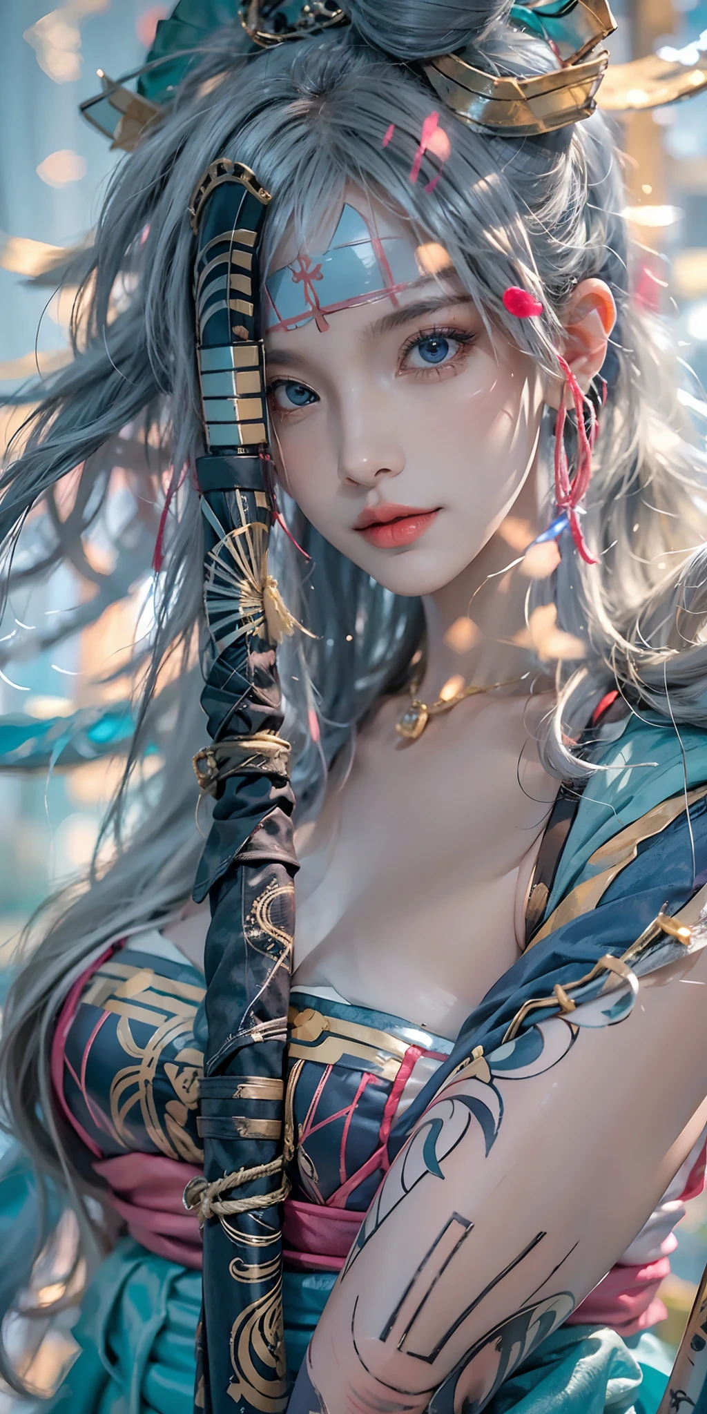 photorealistic, high resolution, soft light,1women, solo, hips up, (detailed face), nami \(one piece\), tattoo, jewelry,long_hair, fireflies, light_particles, pine_tree, snowflake_background, milky_way, aerial_fireworks, headdress, arms behind body, blue_eyes, katana