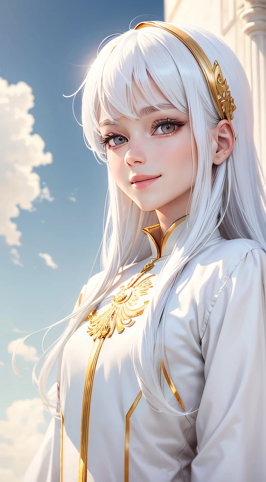 best quality, white hair, gold eyes, white clothes, looking up, upper body, hair strand, Fair skin, smiling