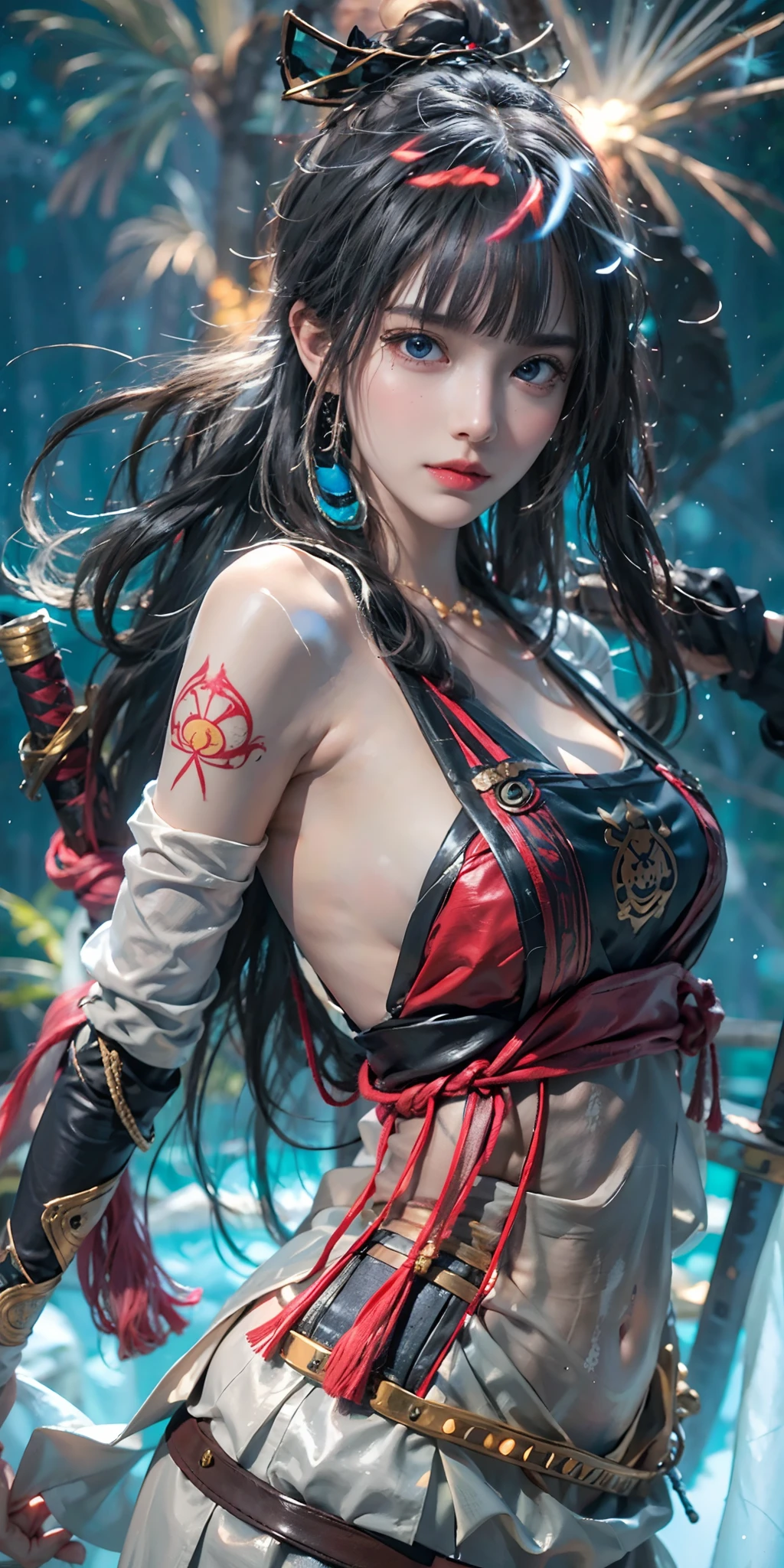 photorealistic, high resolution, soft light,1women, solo, hips up, (detailed face), nami \(one piece\), tattoo, jewelry,long_hair, fireflies, light_particles, pine_tree, snowflake_background, milky_way, aerial_fireworks, headdress, arms behind body, blue_eyes, katana