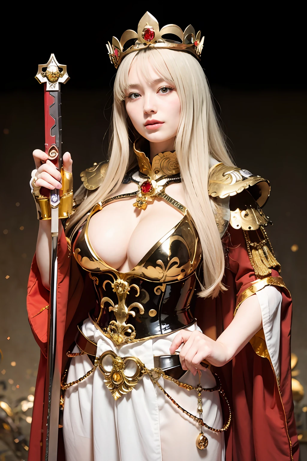 (masutepiece), Professional , ​masterpiece、top-quality、photos realistic , depth of fields （Gemstone Silver Metal Body:1.９),Background inside the castle、(Matte Red、Jewel Gold Weapon（Jewel Metal Body:1.４),Young 20 year old girl、（Gorgeous metal weapons） , Detailed Sword of the Brave , Beautiful knife   ,warhammer 40k , adepta sororitas,(a blond),Detail and ornate jewel crown、Golden hair、Gangle's forest background、Beautiful Caucasian beauty、１a person、dynamic ungle,(((Detailed and ornate diamond crown)))、Smaller head、A smile、Powerful poses、Background inside the castle、Thin and beautiful female hands、Old ancient ruins、A smile、cleavage of the breast、