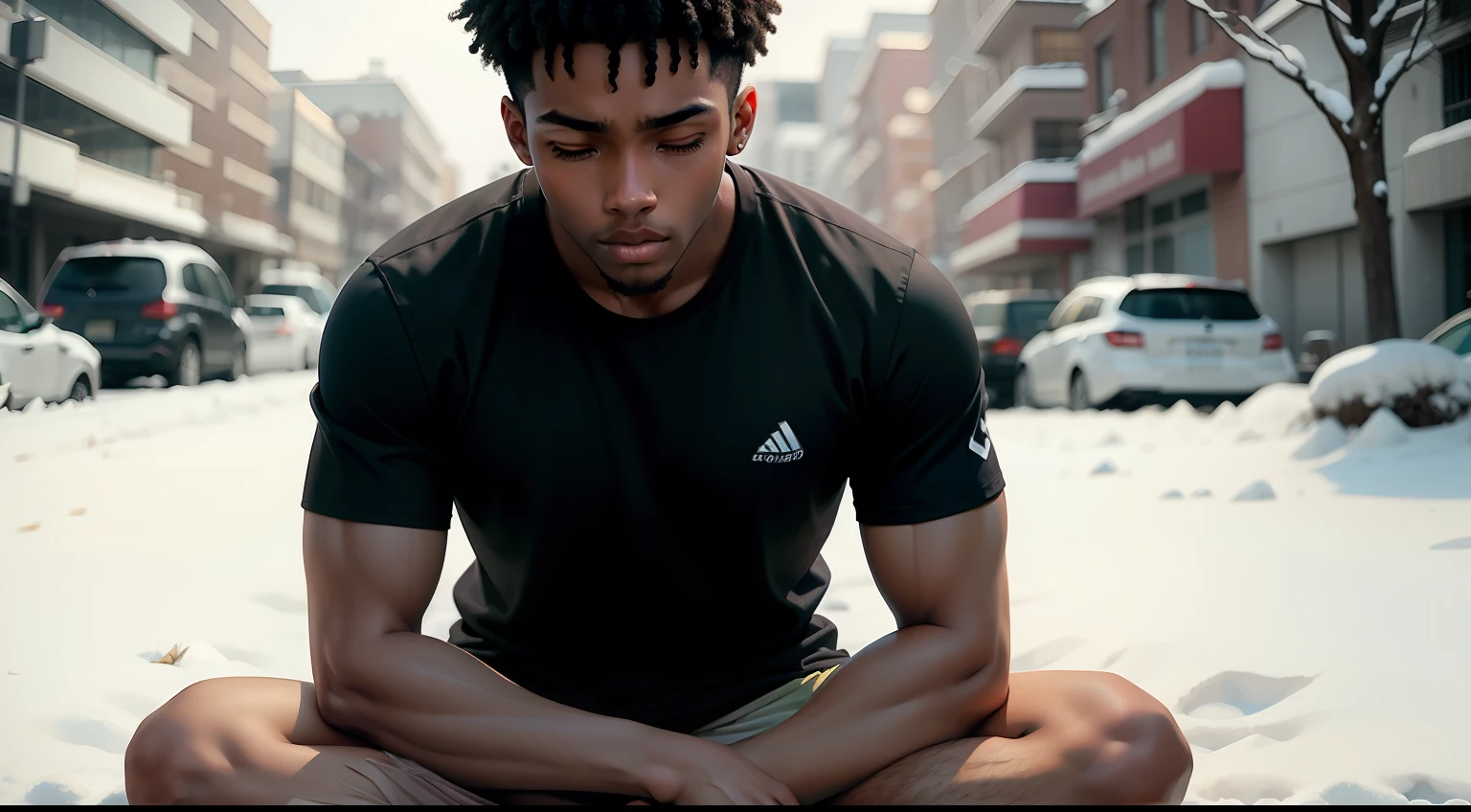 a black 19 years old man in meditation in winter wearing t-shirt and short