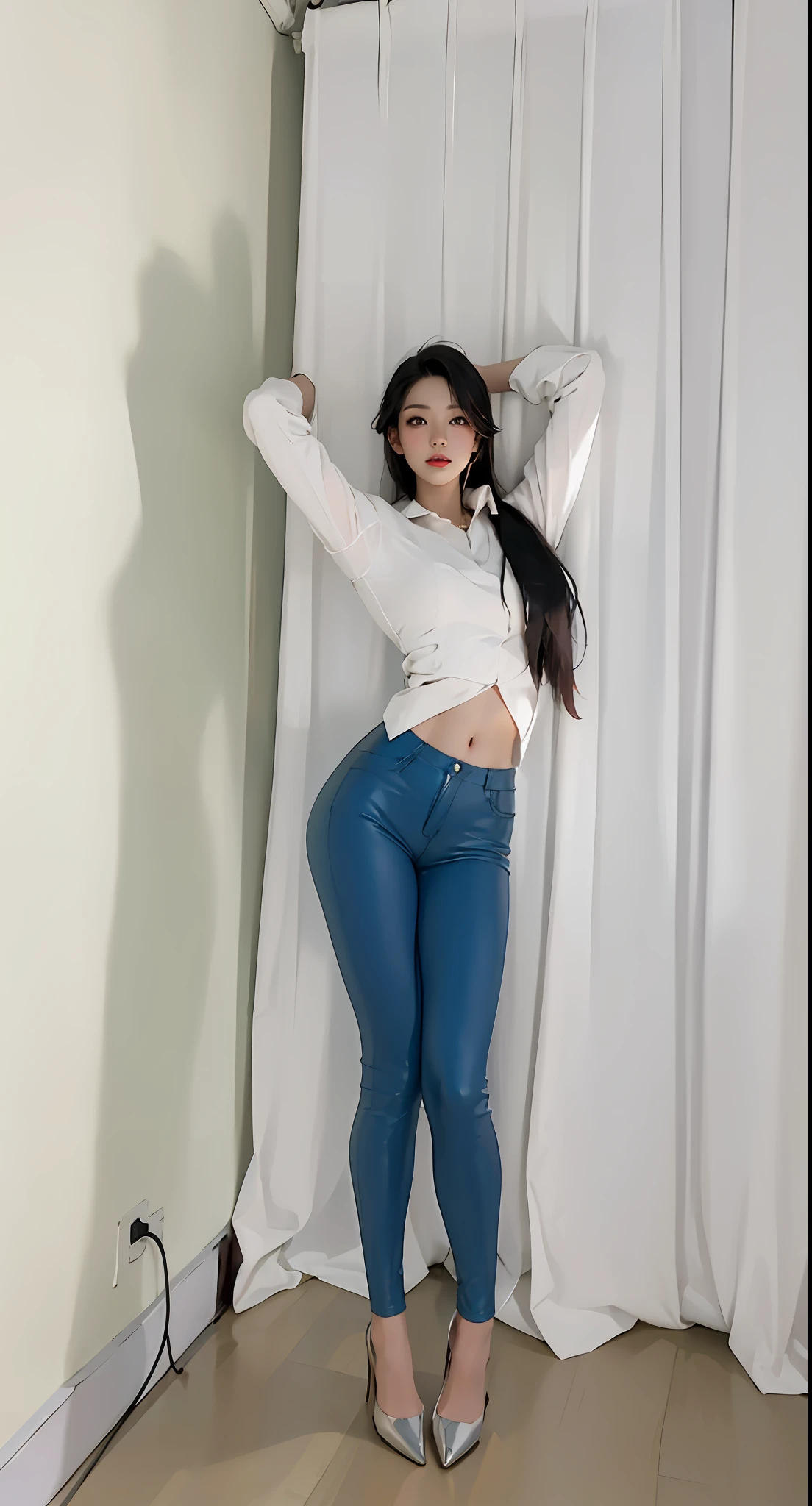 Goji, 1girll, Long colored hair, Wear sexy dresses, , colourful light，Chiaroscuro, Cinematic lighting, Ray tracing, afterimage, hyper HD, Masterpiece, ccurate, A high resolution, High quality, High details, Award-Awarded, 8K,Female anchor，Delicate image quality，Oily leather pants，Lustrous pants