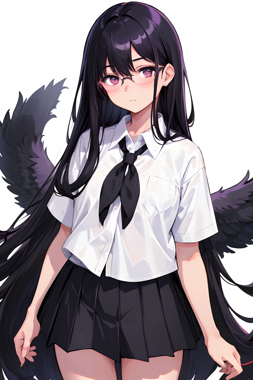 masterpiece, detailed, softlighting, girl with black hair, high school, black and white japanese schoolgirl uniform, black skirt, black lines on shirt, short sleeve, kuudere, glasses, purple eyes, quiet, arms by side, no smile, standing straight, facing forward, white background