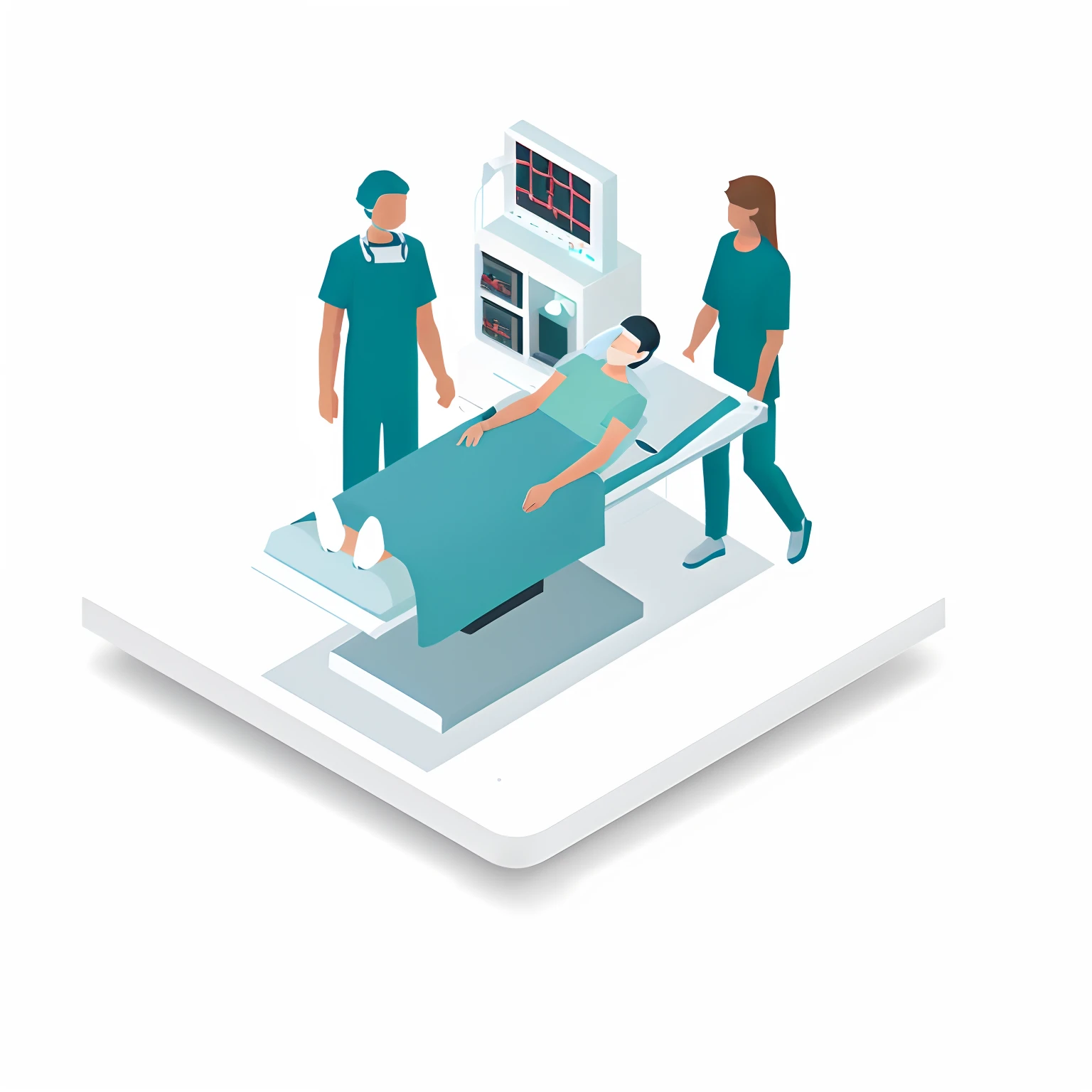 The patient is undergoing eye surgery, digital medical equipment, on an operating table, isometric illustration, isometric design, Flat illustration, surgery room, 3d isometric, 3 d isometric, Isometric style, on a dark background, prerendered isometric graphics, surgery room, medical depiction, 数字插图 -, medical imaging