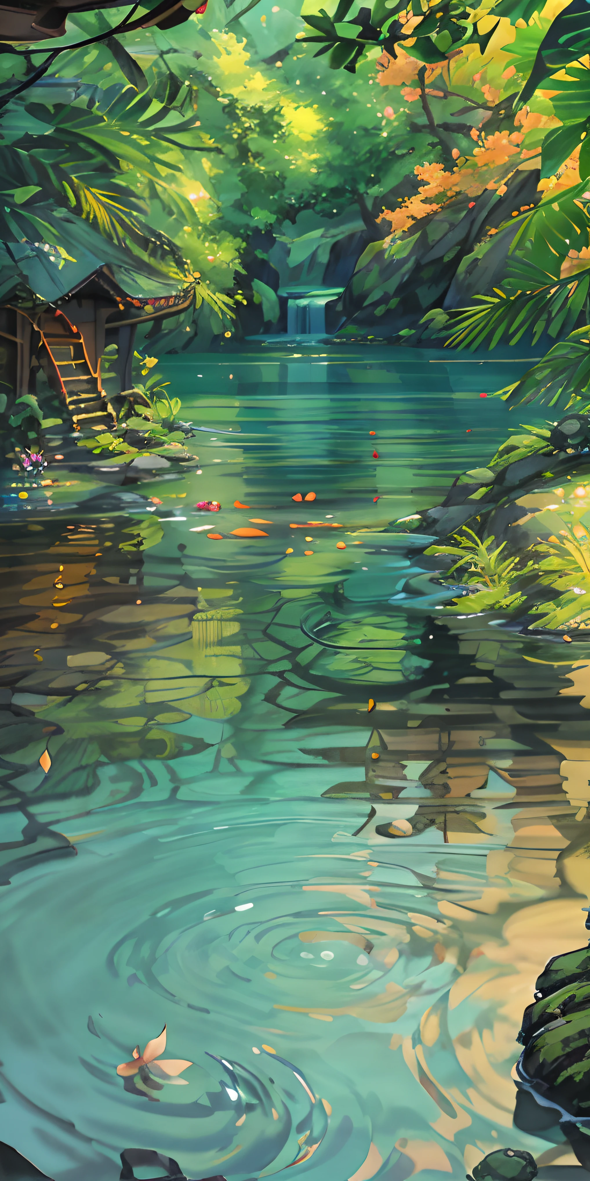 Chinese ancient times, spring, jungle, lake, cave, waterfall, golden fishes, tree, rock, deer, hot spring, water vapor, (illustration: 1.0), epic composition, realistic lighting, HD details, masterpiece, best quality, (very detailed CG unified 8k wallpaper)