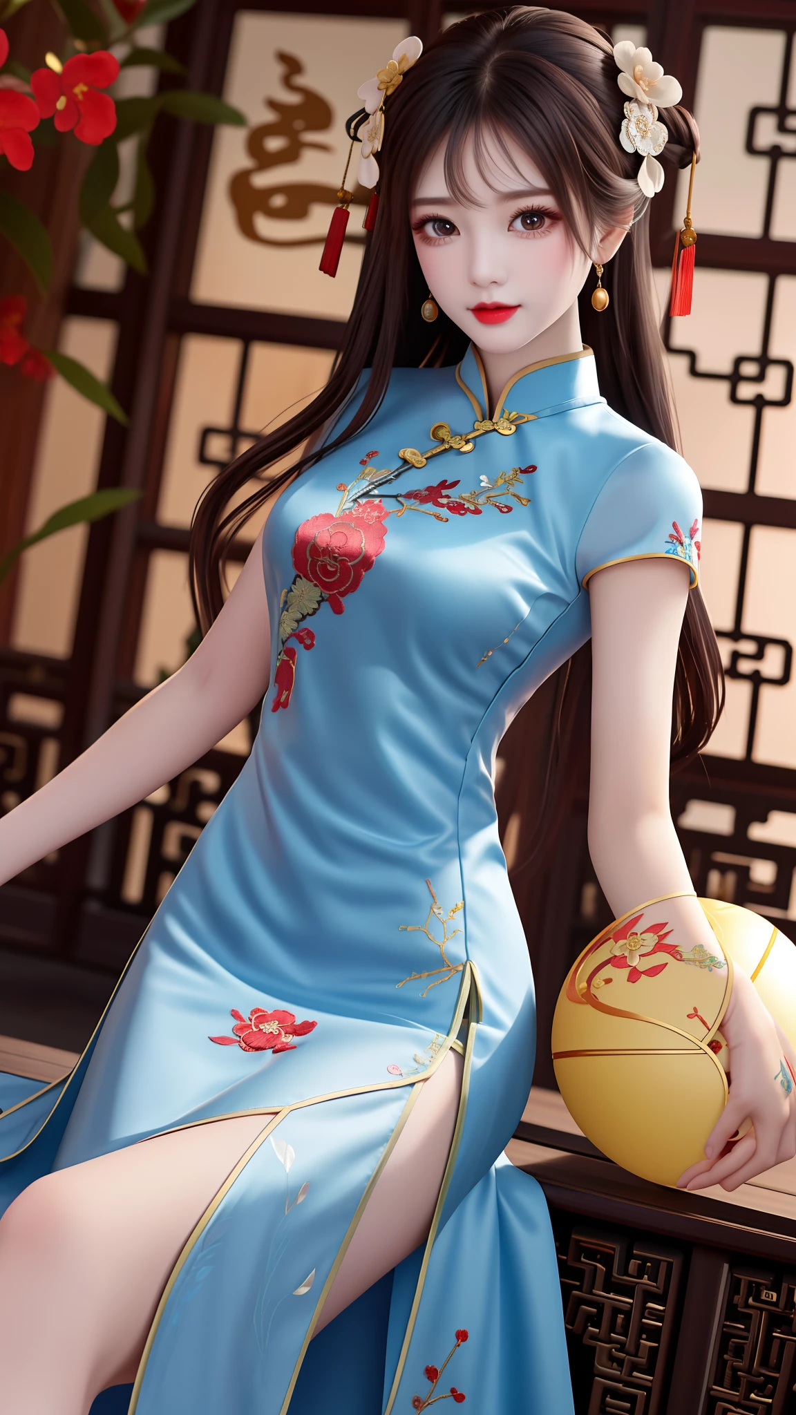 Need,tmasterpiece,A high resolution,1girll,Blushlush,(Seductive smile:0.8),starpupil,Chinese shoulder suction red Hanfu,hair adornments,choker necklace,trinkets,beautfully face,On_Body,Tindal effect,Lifelike,Shadow room,Light edges,Two-tone lighting,(highdetailskin:1.2),8K, Ultra HD,Slr,softlighting,high high quality,Volumetriclighting,Candid camera,photore,A high resolution,4K,8K,Antique bust photo in the background: A girl about 22 years old,Perfectcomposition,Precise and perfect human anatomy,Golden ratio creation,Surreal and realistic。Detailed skin details,White skin of the,shiny skin,Creamy glowing skin,Skin that is white and red。Exquisite depiction of facial features,Perfect makeup,Detailed depiction of the face,Clean and flawless face。A sweet smile,Smile without showing your teeth。Extremely detailed depiction of hair,Long black hair,Hair coiled,tying hair,High bun,The wind blew away the hair。Eyebrows upturned,long eyelasher,二重まぶた。Affectionate eyes,Big bright eyes,Sweet with lying silkworms。High nose bridge。Thin lips,Pink lip gloss,Straight teeth。Delicate collarbones。Delicate pendant,Ear ring。Perfect tall figure,Get it all together,Long legs and thin waist,Skinny beauty,Can't be too thin。Straight chest,medium boob。Keep your head up and your chest up,Look ahead,Face the lens,Stand。Ancient architectural background(((Chinese style new Chinese ink floral dress))),half-body photo,Kizi,mid hair,Hair over the shoulder,Clear eyes,Smooth hair,Exquisite and perfect facial features,the most beautiful big eyes,Long eyelashes,The eyes are sweet and there are lying silkworms,dynamic angle,Extreme image quality,Highest accuracy,Precise and perfect human body,Works of masters,HighestQuali,mid hair,Hair over the shoulder,Tattooed,brunette color hair,double bun hair,shift dresses,Ear ring,hair adornments,jewely,korean clothes,putting makeup on,photore(curly),standing on your feet,Upp,Facing the viewer,Hyper-Resolution,hyper HD,Optimal quality,Bend long eyelashes,shiny lip,bust