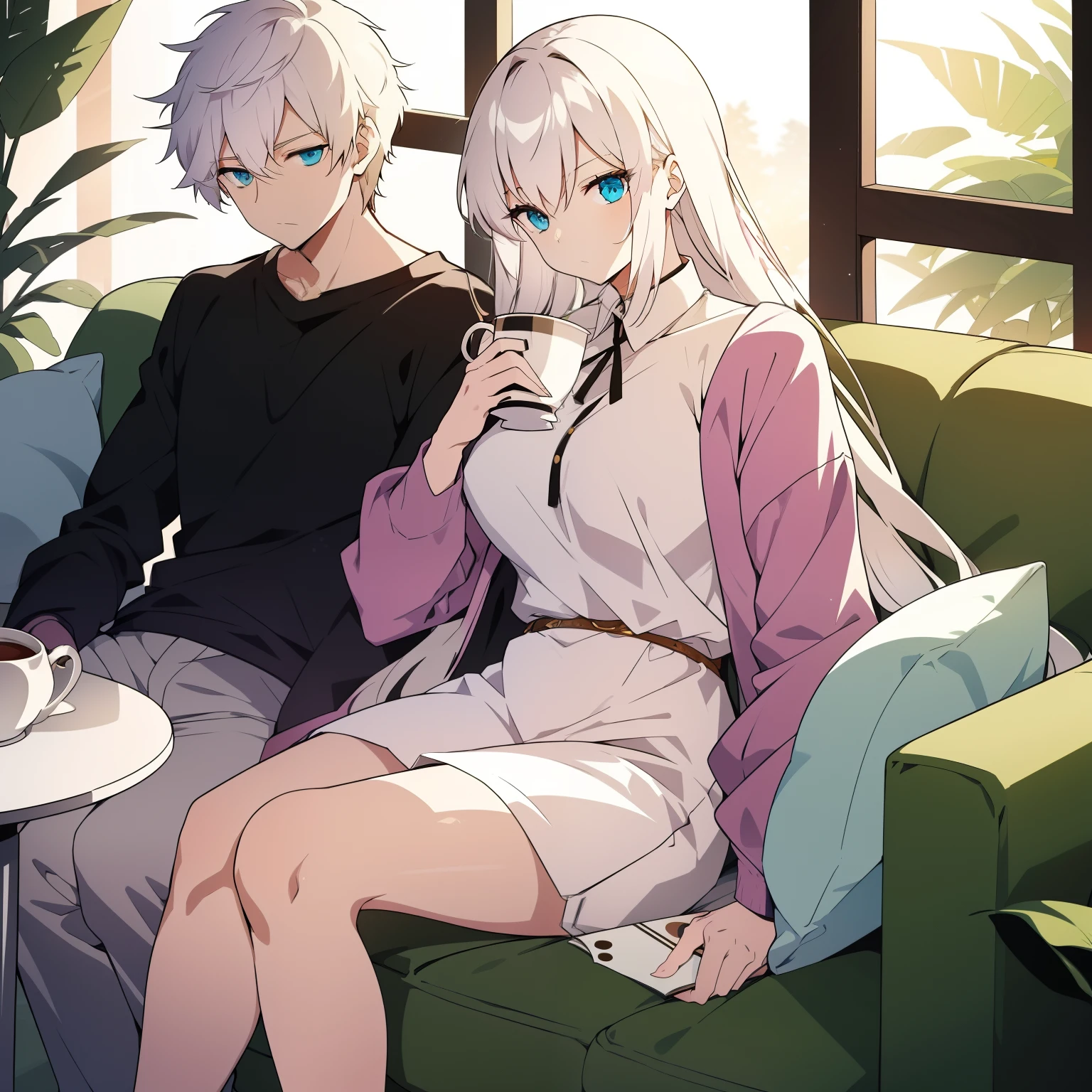 The woman with white hair is sitting next to the man on a sofa, holding a cup of tea. She has a caption that says: “She was loyal to Lin Xuan, no matter how busy, cold, or unfaithful he was. She always stayed by his side, helping him with his troubles.”