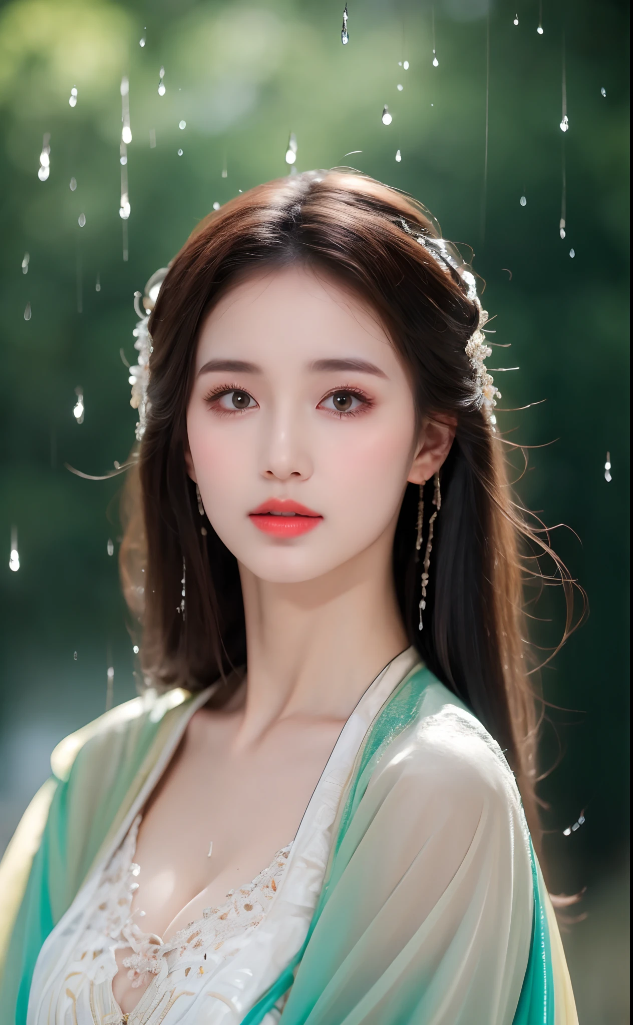 ((Best Quality, 8k, Masterpiece: 1.3)), Focus: 1.2, Perfect Body Beauty: 1.4, Buttocks: 1.2, ((Layered Haircut)), (Wet Clothes: 1.1), (Rain, Street:1.3), (Breasts: 1.2), (Hanfu: 1.2), Bare Shoulders, Bare Legs, Highly Detailed Face and Skin Texture, Fine Eyes, Double Eyelids, Whitened Skin, Long Hair, (Shut Up: 1.5), (Bokeh Background: 1.5), Big Breasts