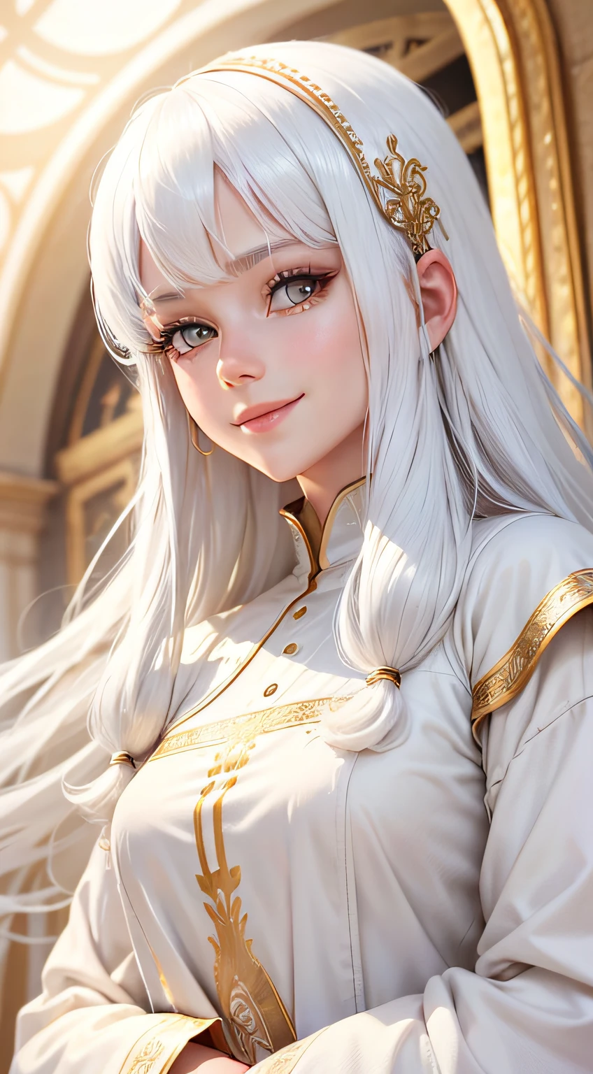 best quality, white hair, gold eyes, white clothes, looking up, upper body, hair strand, Fair skin, smiling
