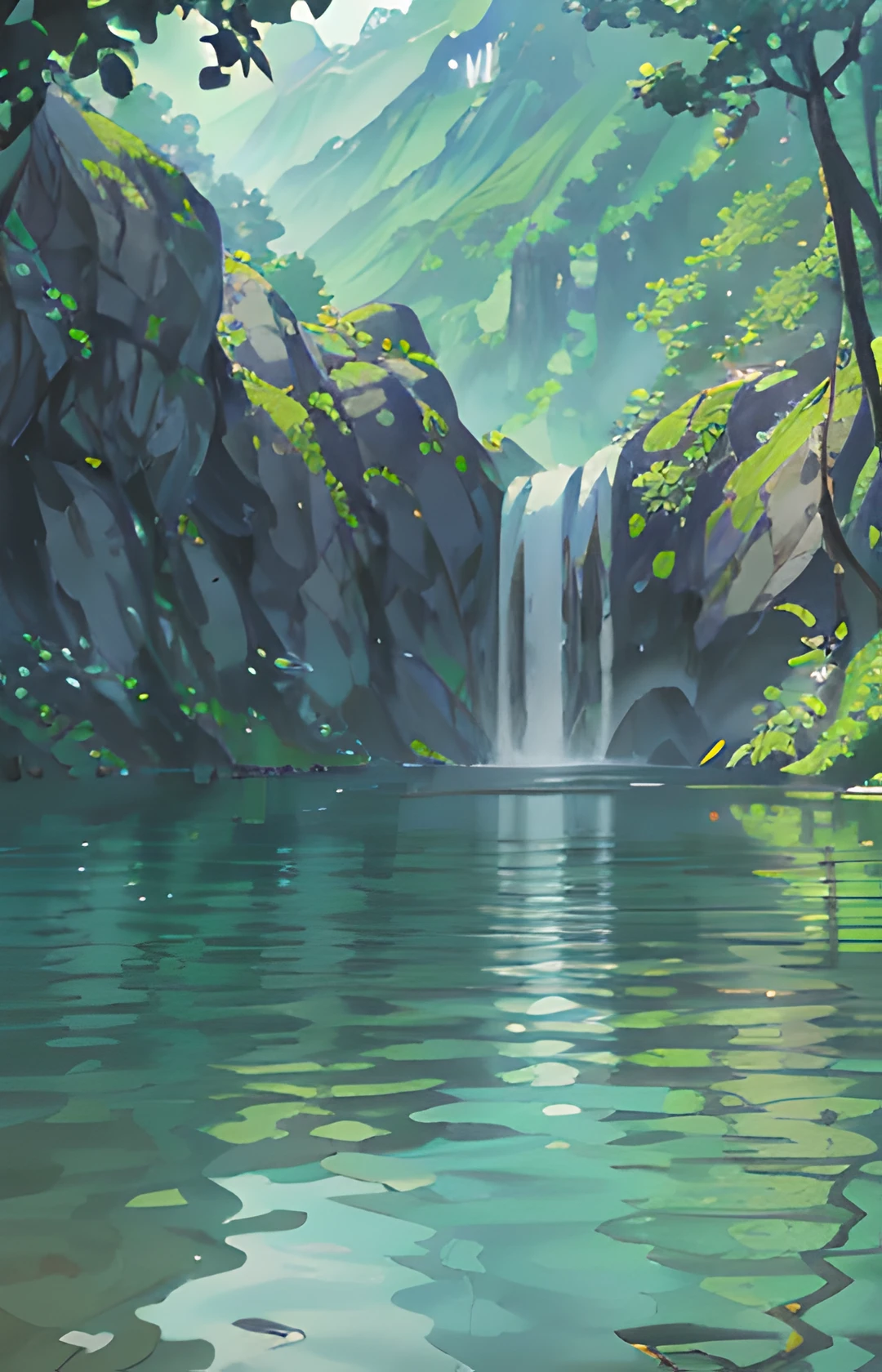 Chinese ancient times, spring, jungle, lake, cave, waterfall, tree, meadow, rock, deer, hot spring, water vapor, (illustration: 1.0), epic composition, realistic lighting, HD details, masterpiece, best quality, (very detailed CG unified 8k wallpaper)