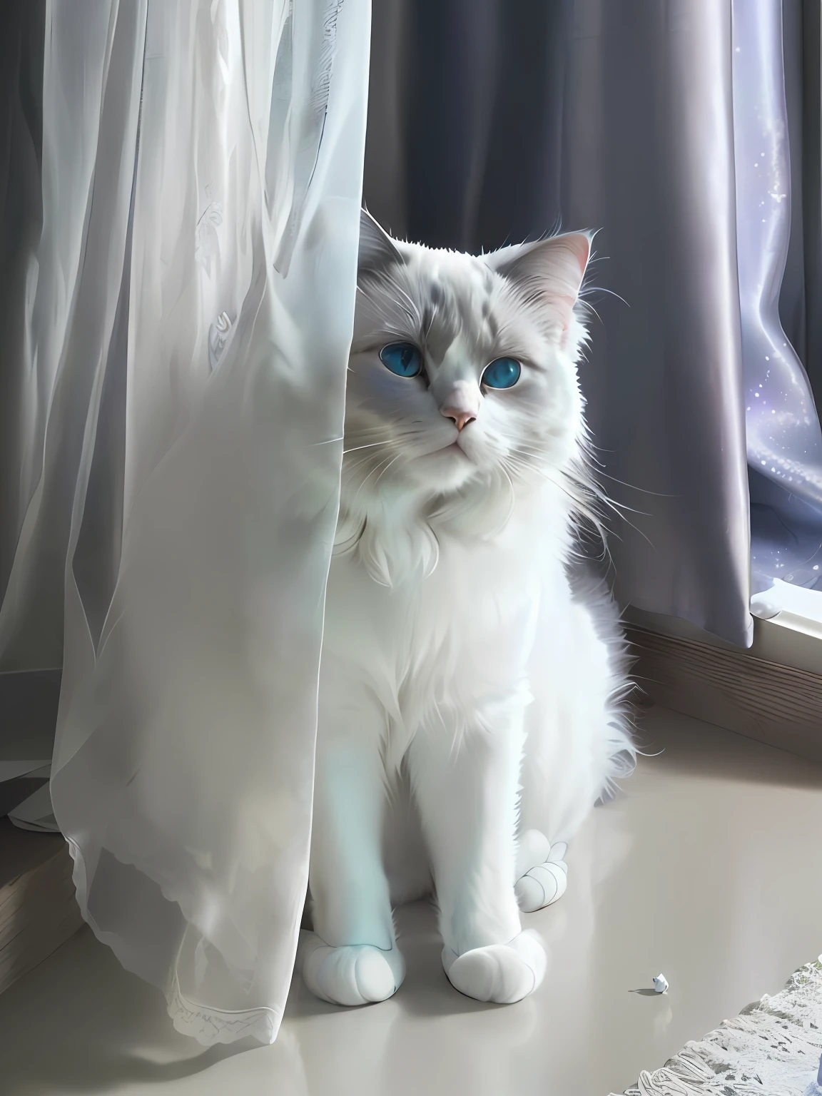 (The Ragdoll cat:1.2)Sit in(Behind the blue curtains),a plush,eBlue eyes,ellegance,Grumpy,Sony Alpha 9 shooting,White chest,Blues theme,soft but grumpy,happy birthay,Festive atmosphere,(best qualtiy:1.33),(tmasterpiece:1.42),(Realiy:1.24),(the detail:1.15),Cute cat,largeeyes,pixar-style,Beautiful 3ds Max rendering,Volumetriclighting,globalillumination,Ray traching,Detailed surrealism,comic strip