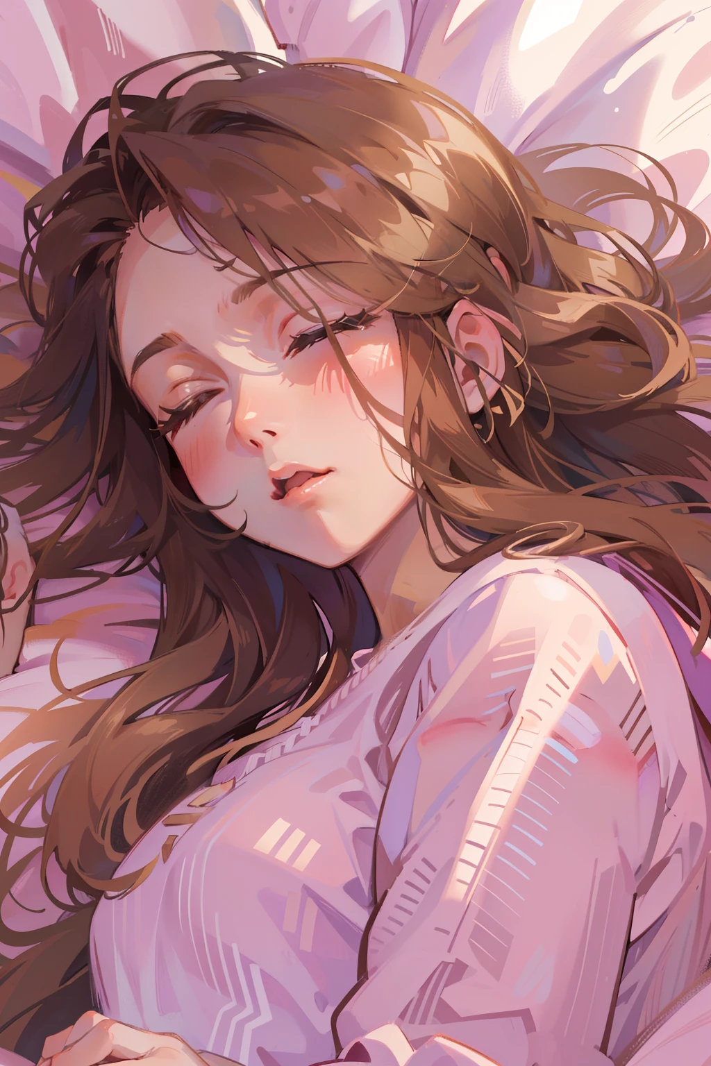 (masterpiece), best quality, beautiful detailed hair detailed face, ultra high res, sharp focus, ((1 woman, solo)), (warm pastel color), perfect feminine face, upper body, medium long shot, MLS,  in the comfortable bedroom, lying down on the bed, chesnut brown hair, long hair, (close eyes:1.2), (comfortable sleeping face:1.5)