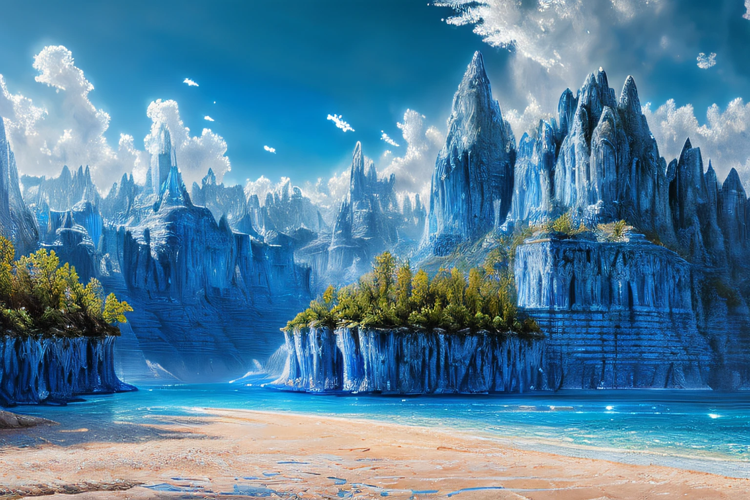paysage futuriste, Eau bleu cobalt, lavande(Highly detailed CG Unit 8k wallpaper), The most beautiful work of art in the world, Professional majestic oil painting, complexe, High detail, mise au point nette, dramatique, Art of photorealist painting
