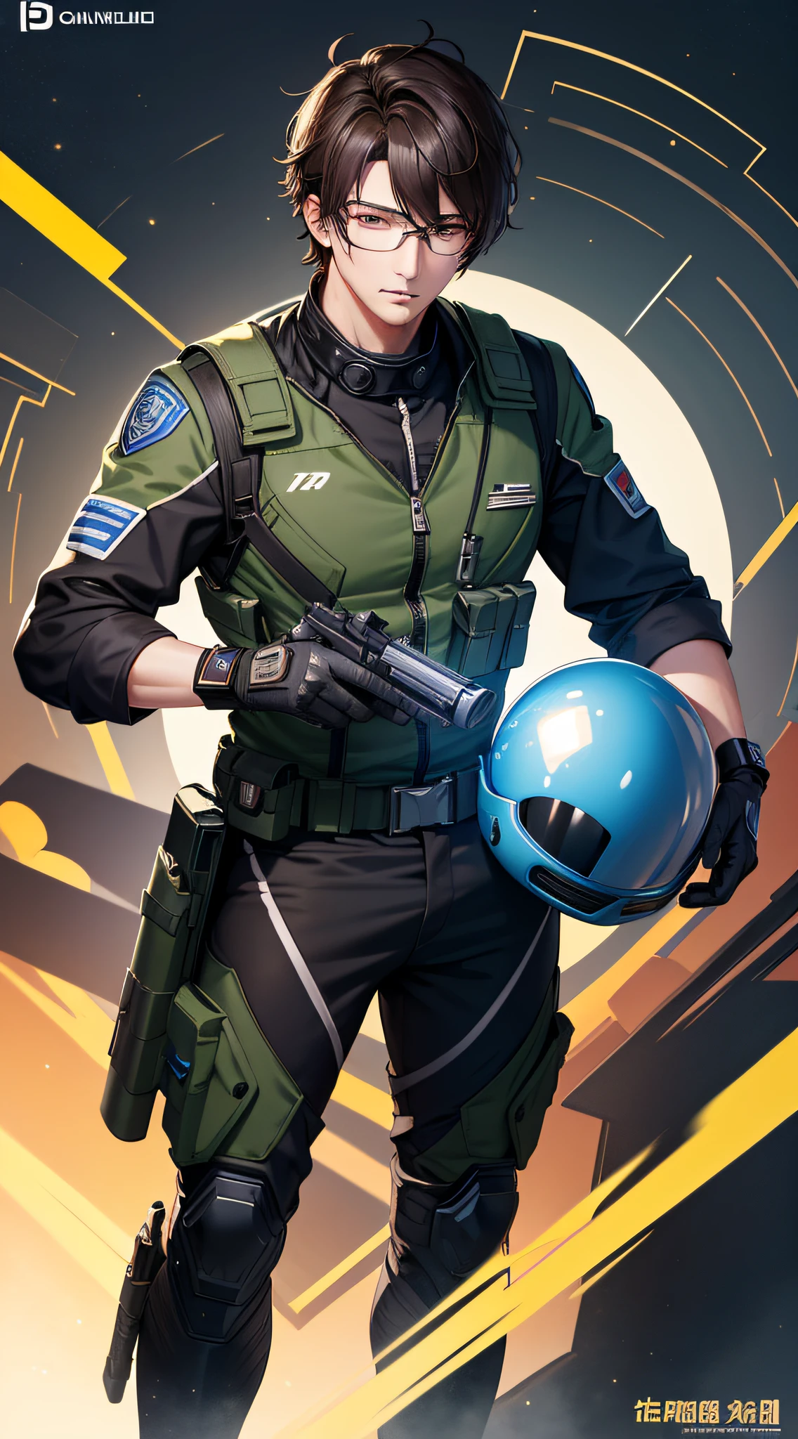 Handsome face，A man wearing a helmet and goggles, Guviz-style artwork, Guviz, author：Fan Qi, Inspired by Xiao Yuncong, soldier, from girls frontline, 8k digital painting, High-quality fanart, Inspired by Zhang Han, Cai Xukun, ig studios anime style, eye-catching detailed art style，miltary，army suit