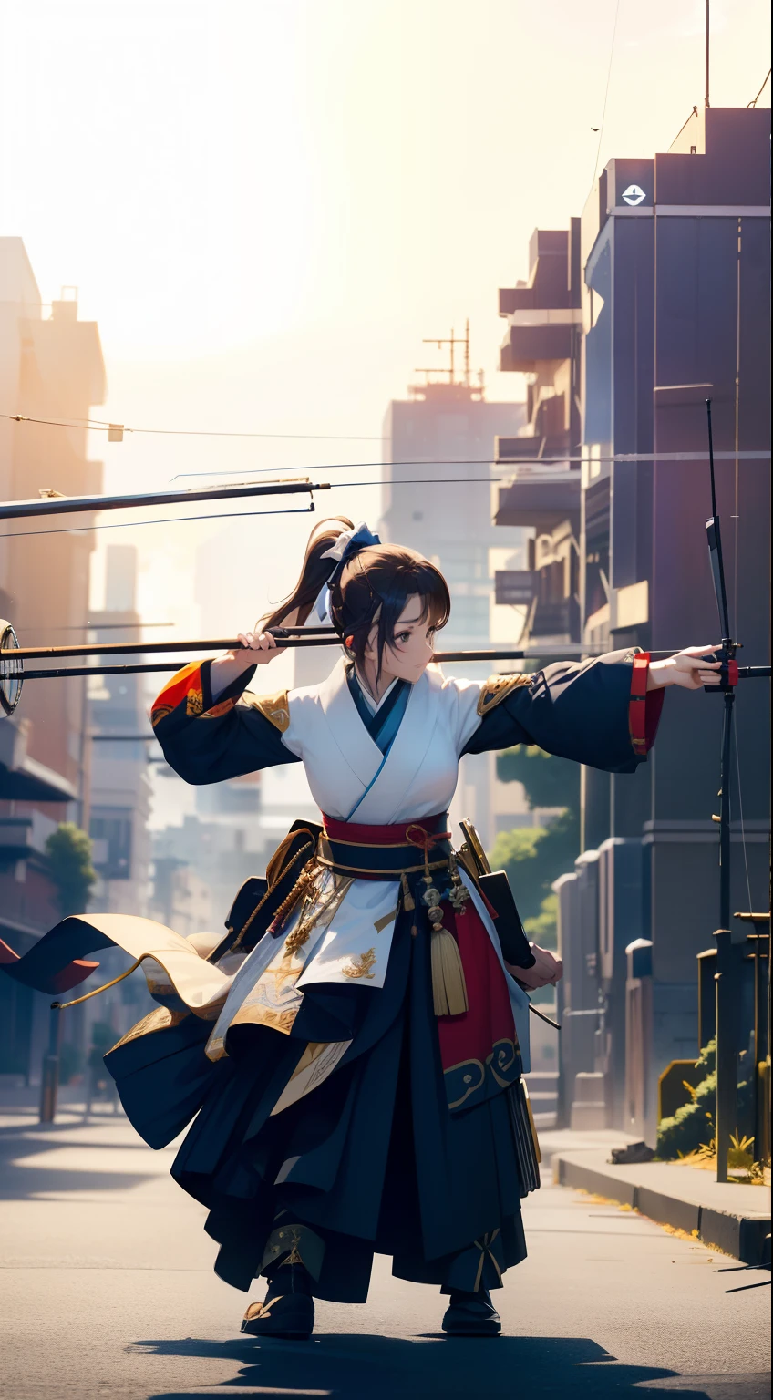 best qualtiy,tmasterpiece,CG,unified,8k wallpaper,Long-range lens,Full-body side lens,A beautiful girl is pulling a huge mechanical bow and shooting into the distance,High ponytail hairstyle,独奏,(City ruins battlefield environment),(Japanese archery costume:1.3),beautiful with detail